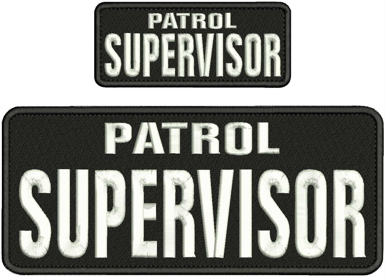 PATROL SUPERVISOR embroidery patches 4x10 and 2x5 hook white ON BLACK