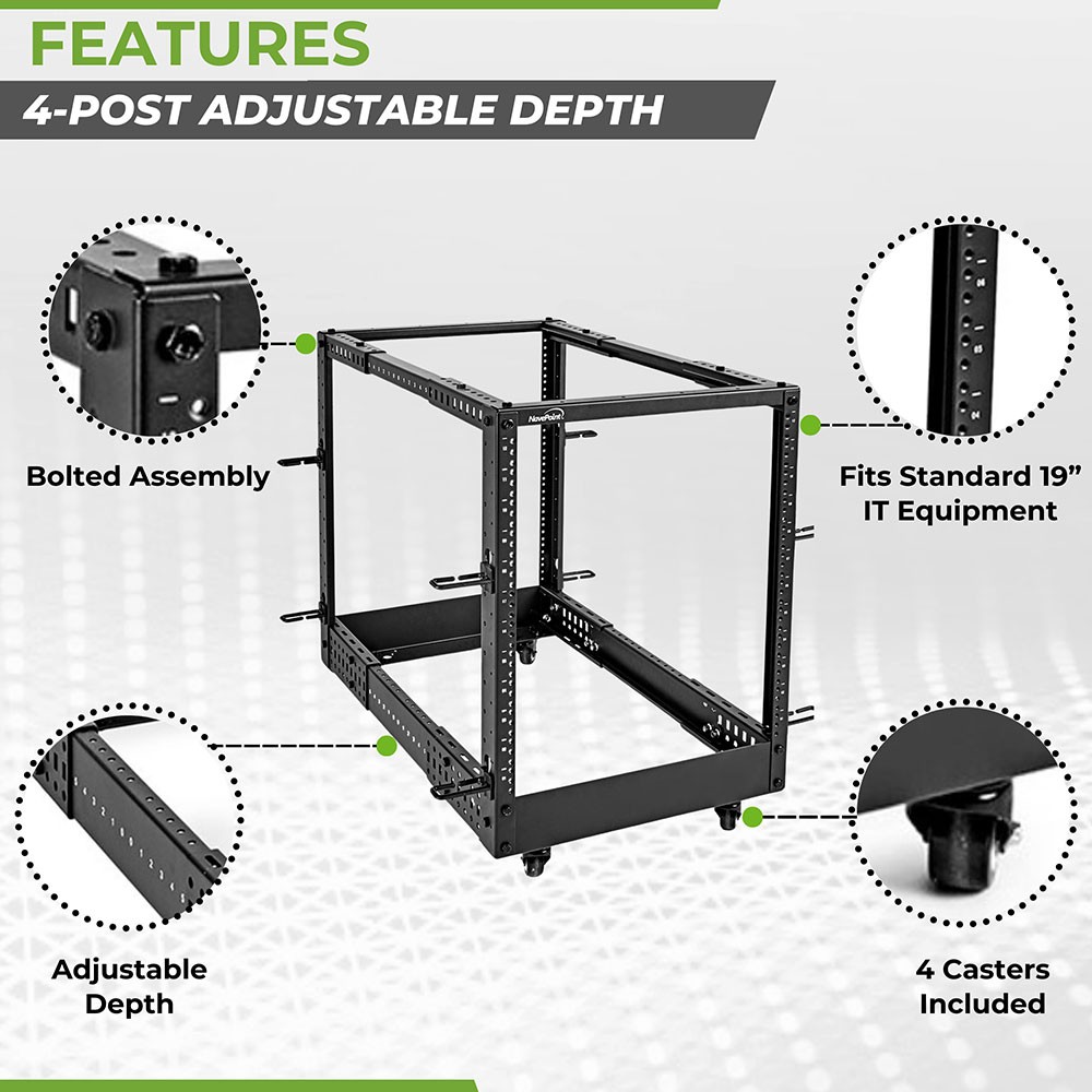NavePoint 4-Post Open Frame Racks 19-inch Standard, Adjustable 22"-40",