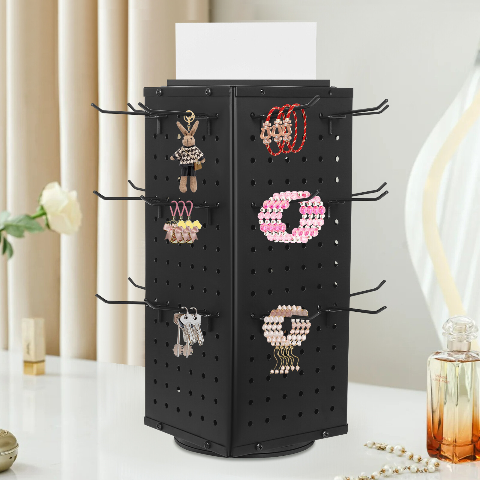 Rotating Pegboard Display Stand with 24 Hooks - 4-Sided Metal Spinning Peg Board