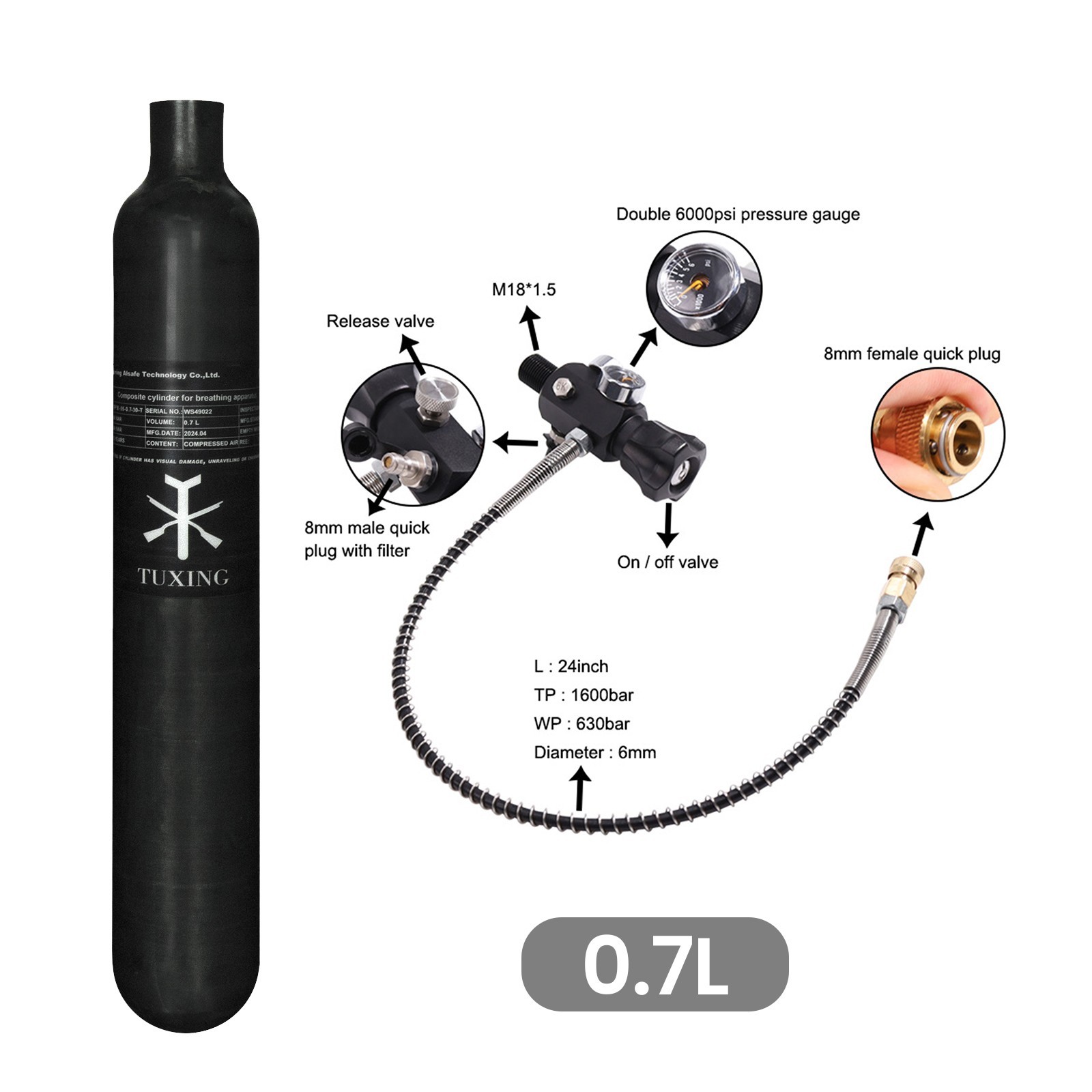 TUXING 4500Psi Pcp Air Tank 0.7L Carbon Fiber HPA Tank with Pcp Filling Station