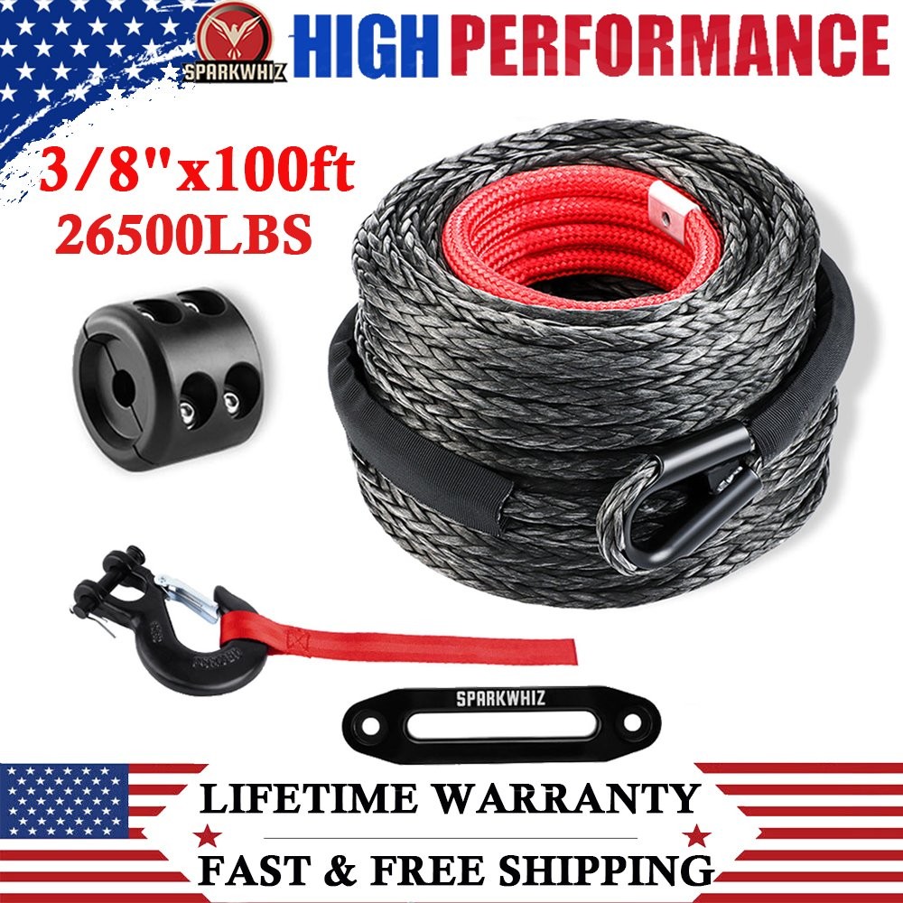 3/8"x100FT 26500LBS Synthetic Winch Rope Winch Line Cable Rope w/Hook for 4WD