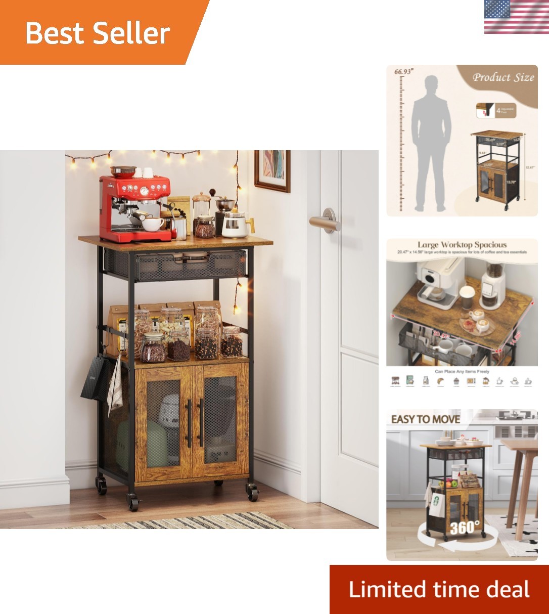 3 Tier Rolling Coffee Cart with 2-Door & Pull-Out Wire Basket Drawer, Movable...