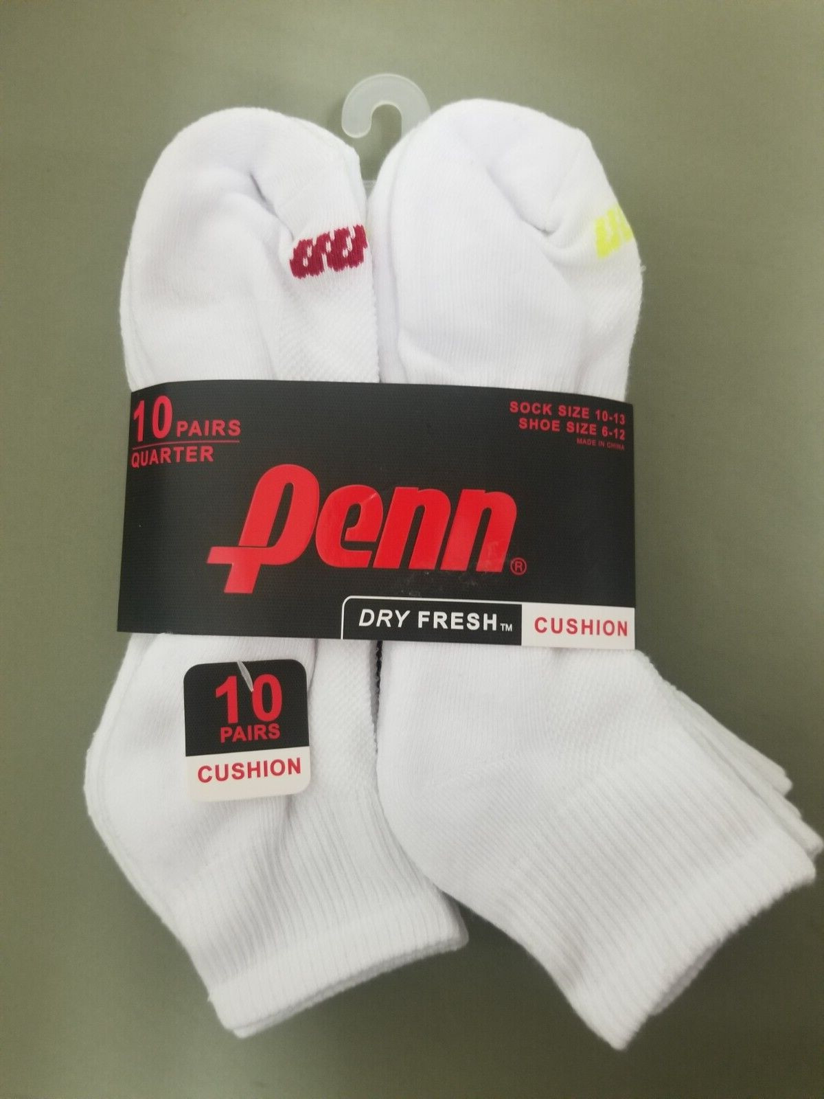 New Penn Mens 10 Pair Athletic Cushion Quarter Socks.