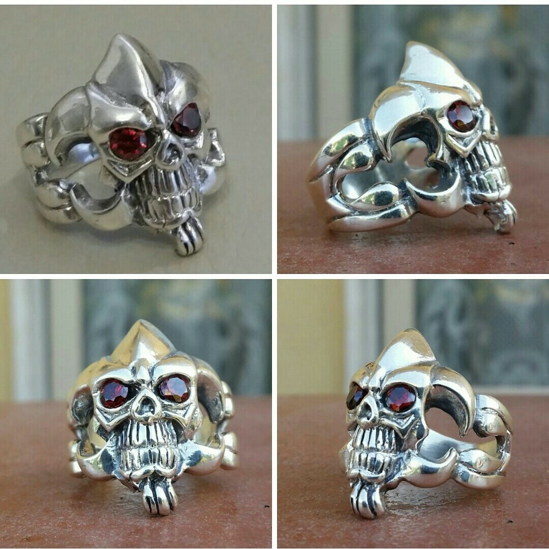 925 MENS SILVER RING motorcycle skull harley garnets ruby color