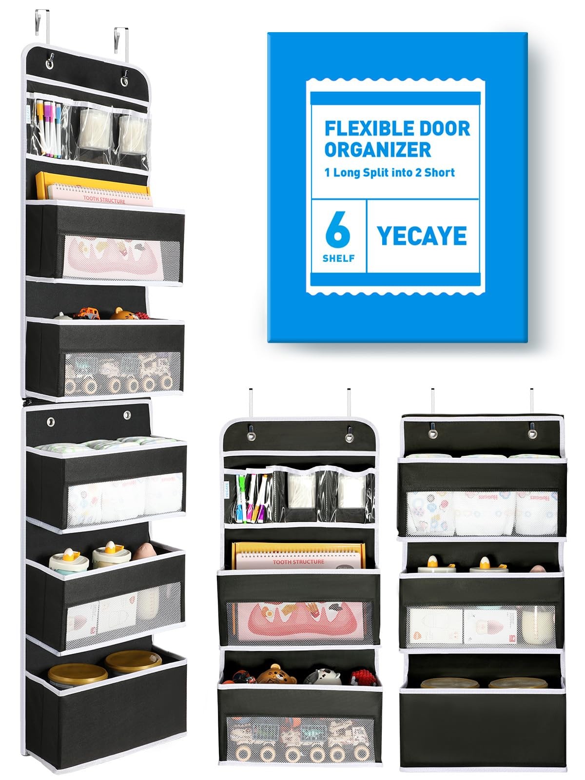 6-Tier Over The Door Storage Organizer, Flexible 1 Split into 2 Swing-Proof H...