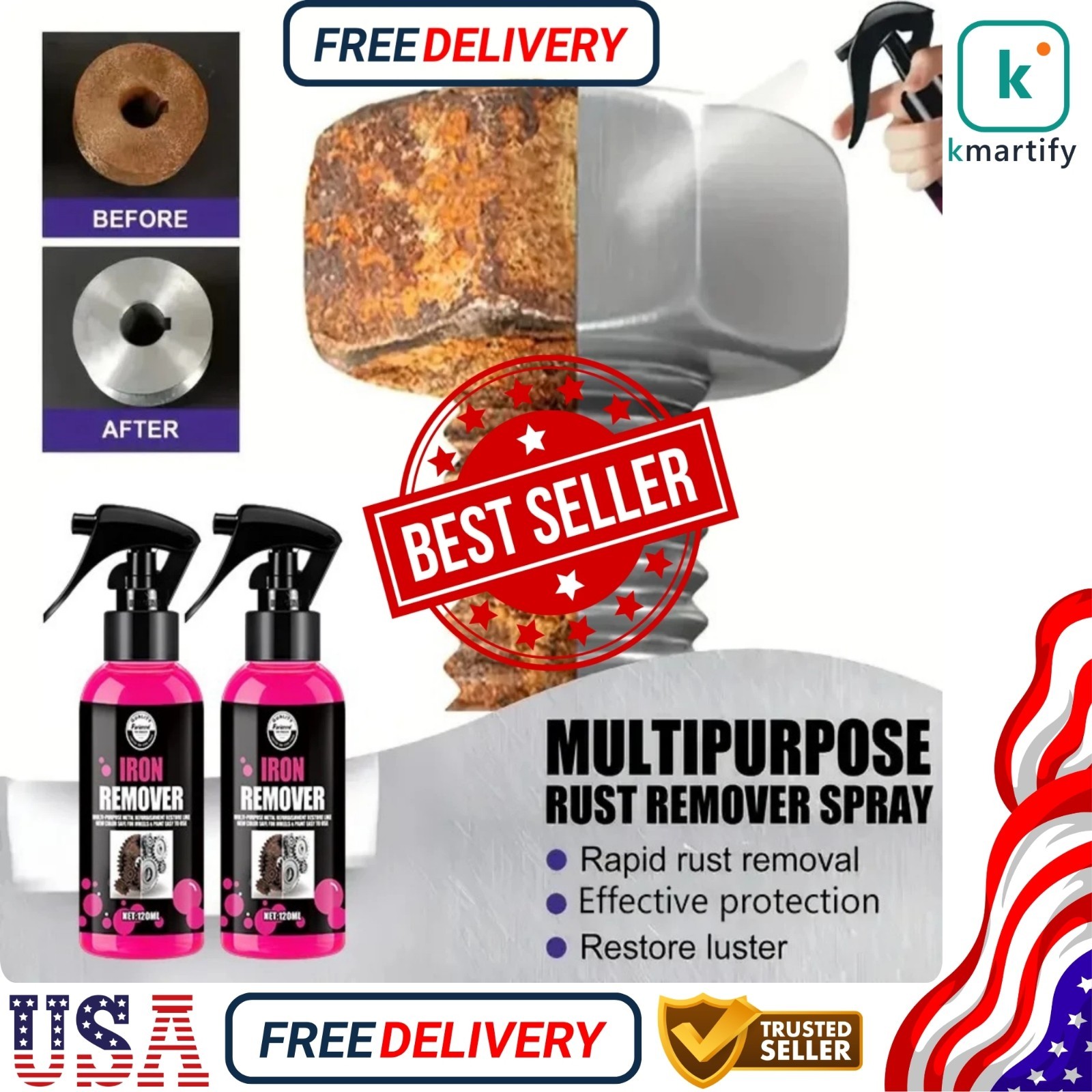 All-Purpose Rust Remover Spray 120ML Fast-Acting Iron Oxidation Eliminator US