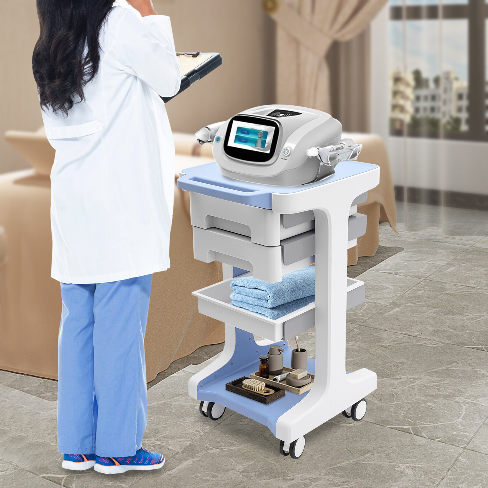 3-Tiers Utility Cart Mobile Storage Cart Medical Barber Trolley w/ Drawers 50kg