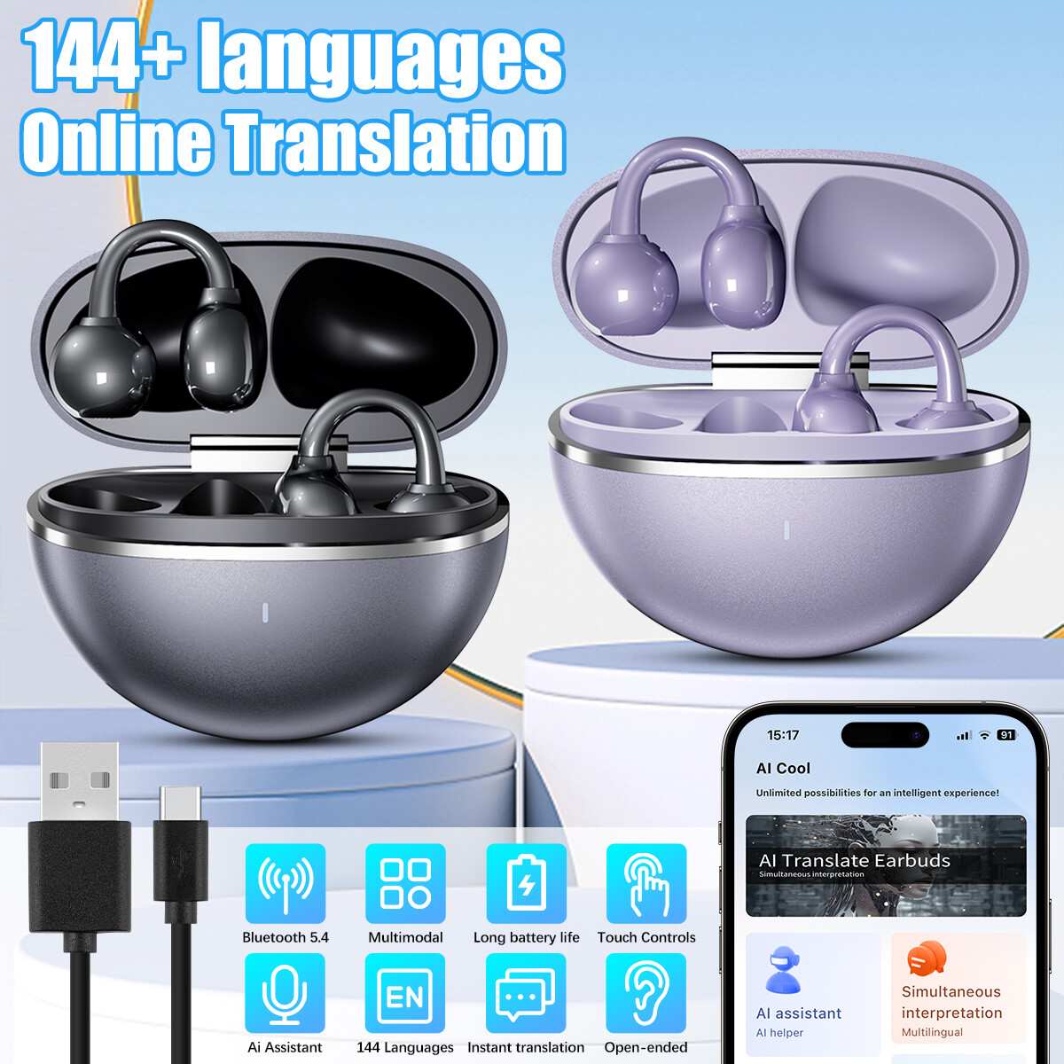 Wireless BT Translation Earbuds Two-Way Real Time Translator Earbuds For iPhone