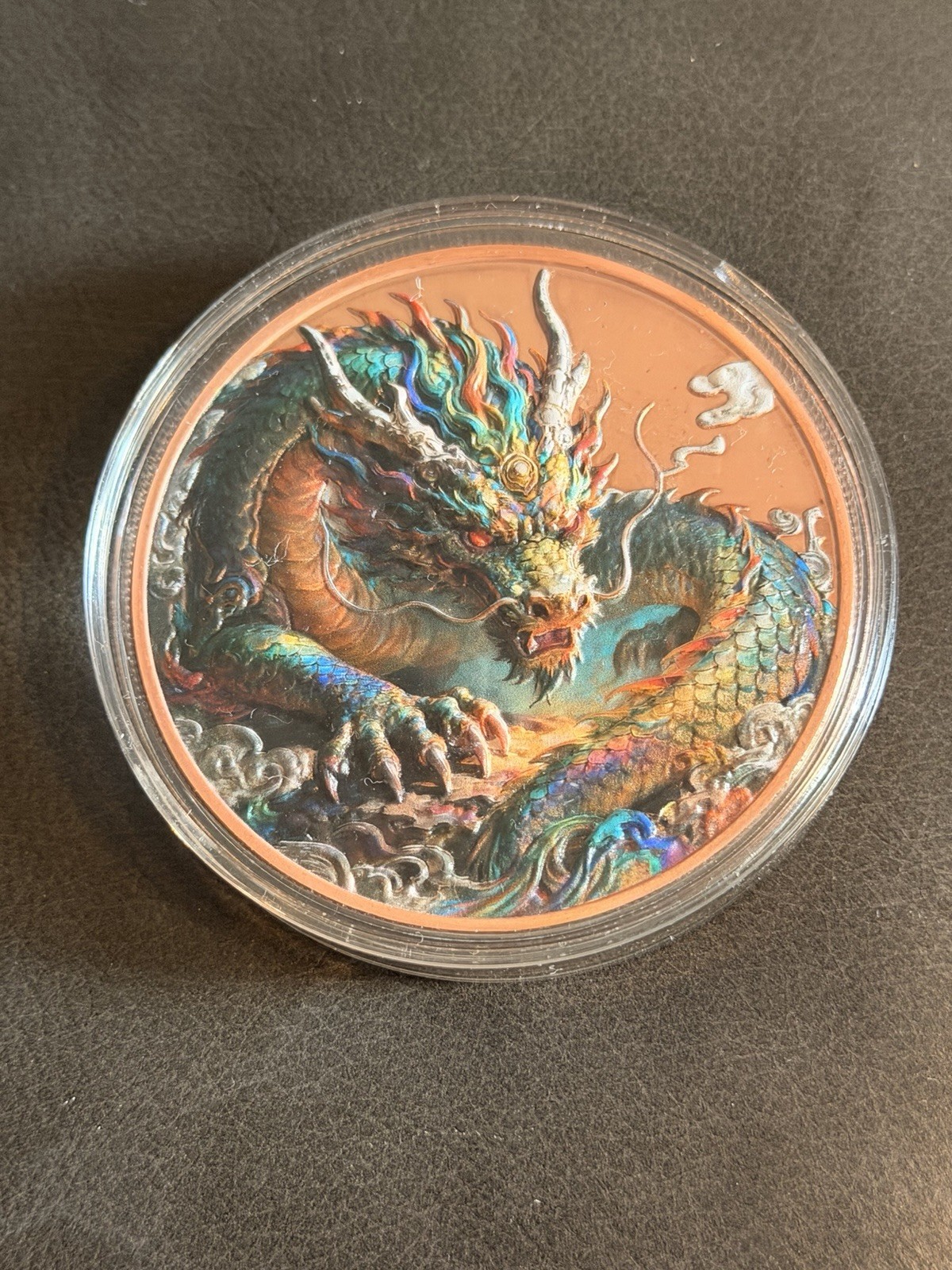 5oz .999 Copper Dragon Round Colorized Eye Dragon Fantasy Art Coin w/ Capsule