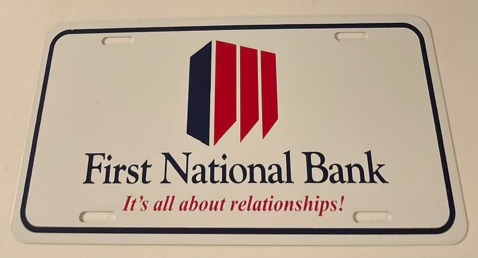 First National Bank Booster License Plate Banker Banking Finance