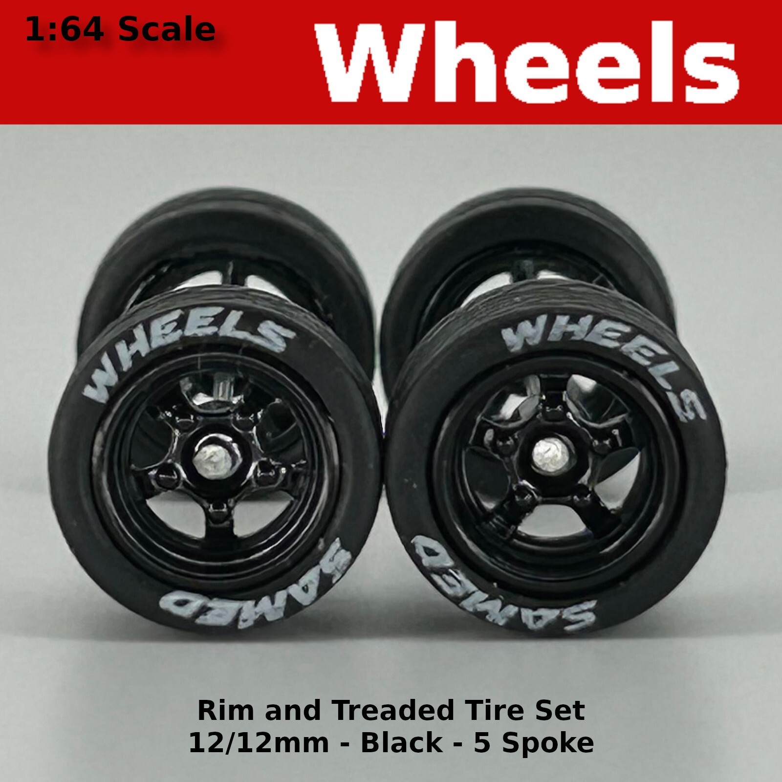 Black 12mm Lettered 5 spoke wheels - 12/12mm for Hot Wheels