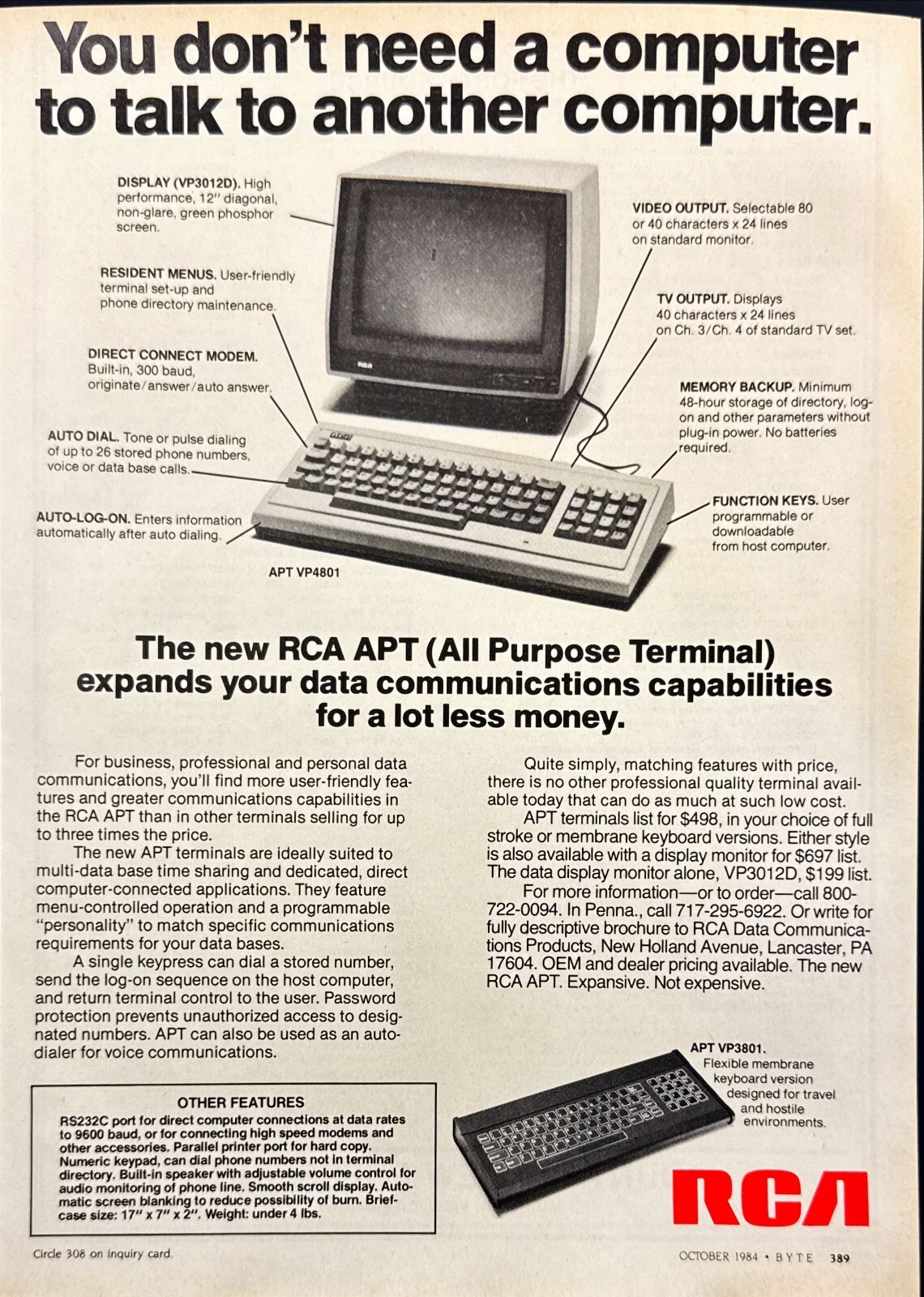 RCA APT All Purpose Terminal Data Communications Vintage Print Ad 1984