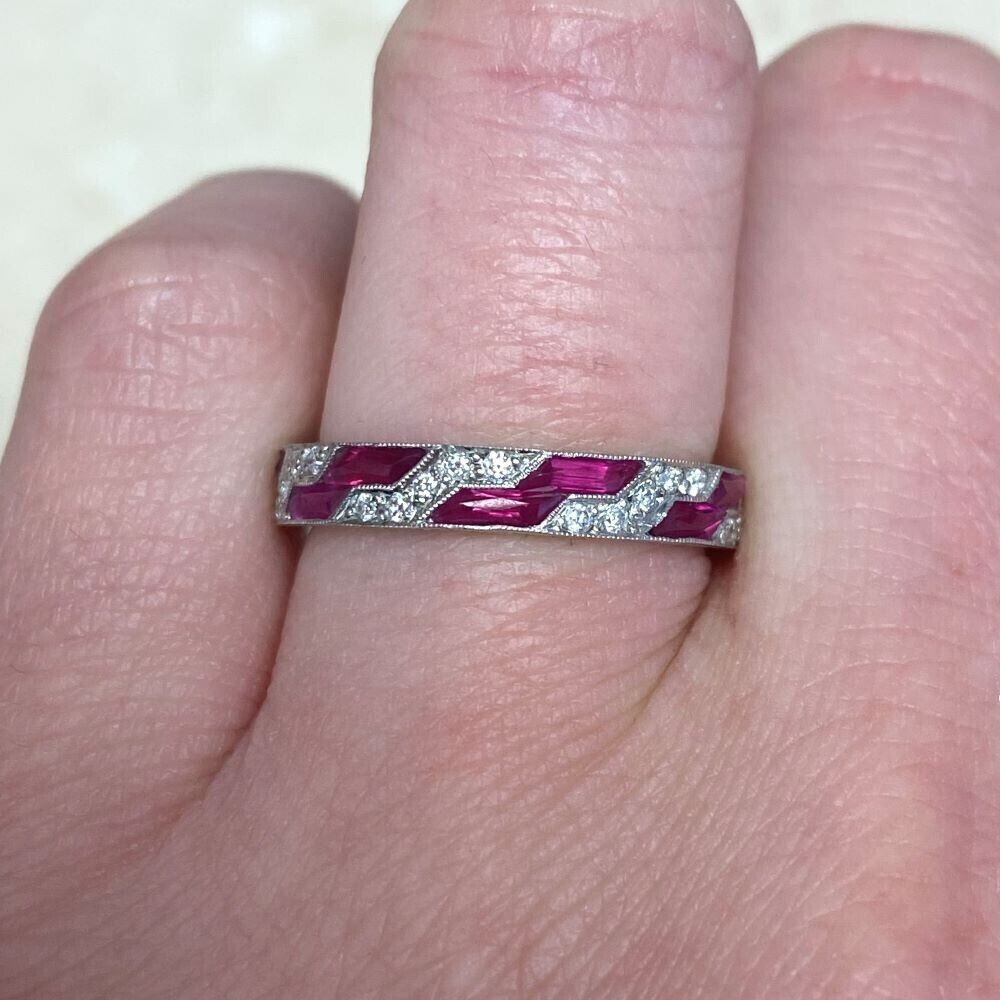 2.10Ct Baguette Lab-Created Pink Ruby 14K White Gold Plated Wedding Band Ring