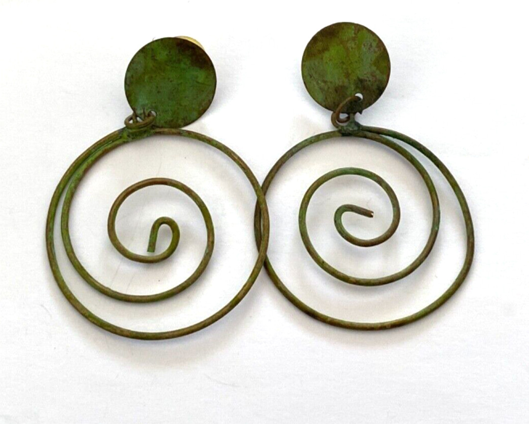 VINTAGE VERDIGRIS GREEN METAL SWIRL HOOP EARRINGS PIERCED MISSING BACKS 2.5"