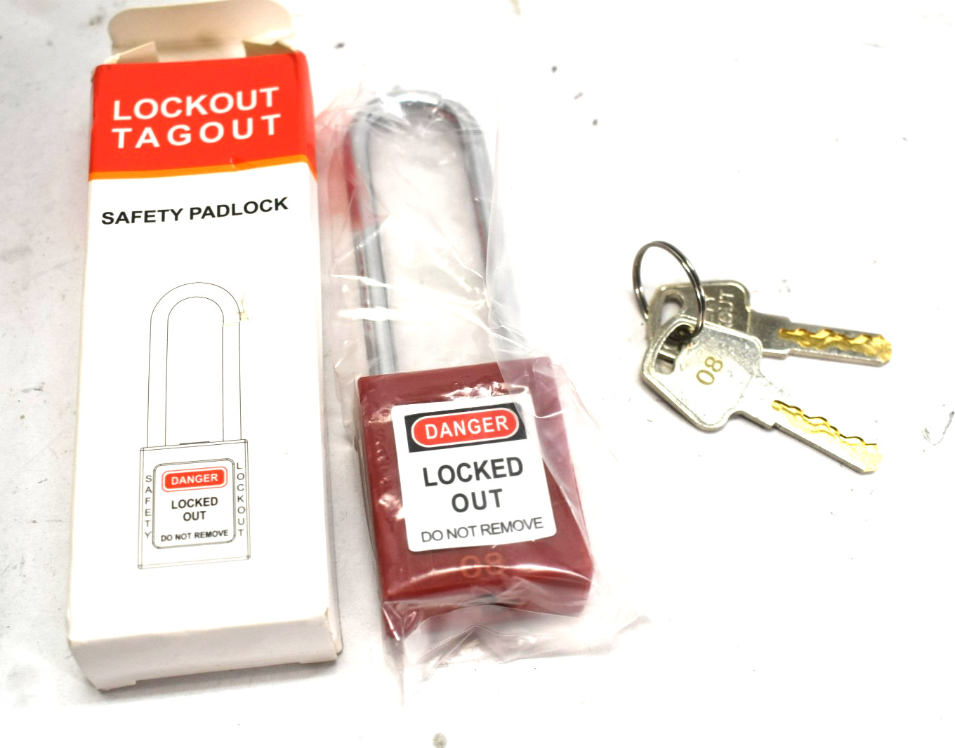 Lockout Tagout Safety Padlock Long Shackle 3-3/8" Long 5" Overall Length Red