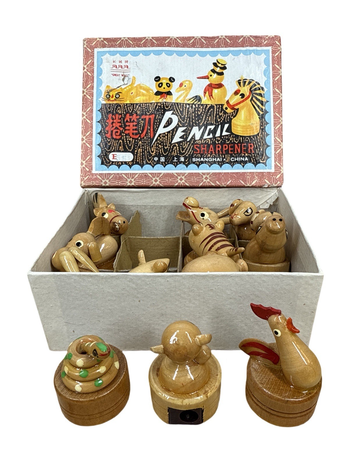 Vintage Wooden Zodiac Animals Pencil Sharpeners (12) Shanghai China - NEW BOX