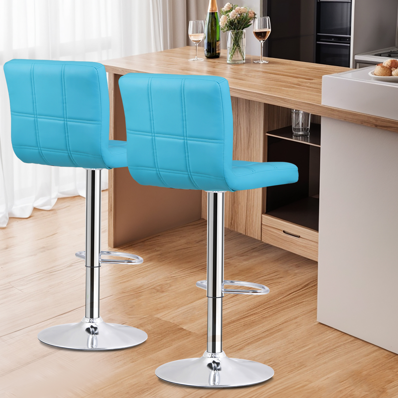2PCS Bar Stools Blue PU Leather Height Adjustable Swivel Barstools Armless