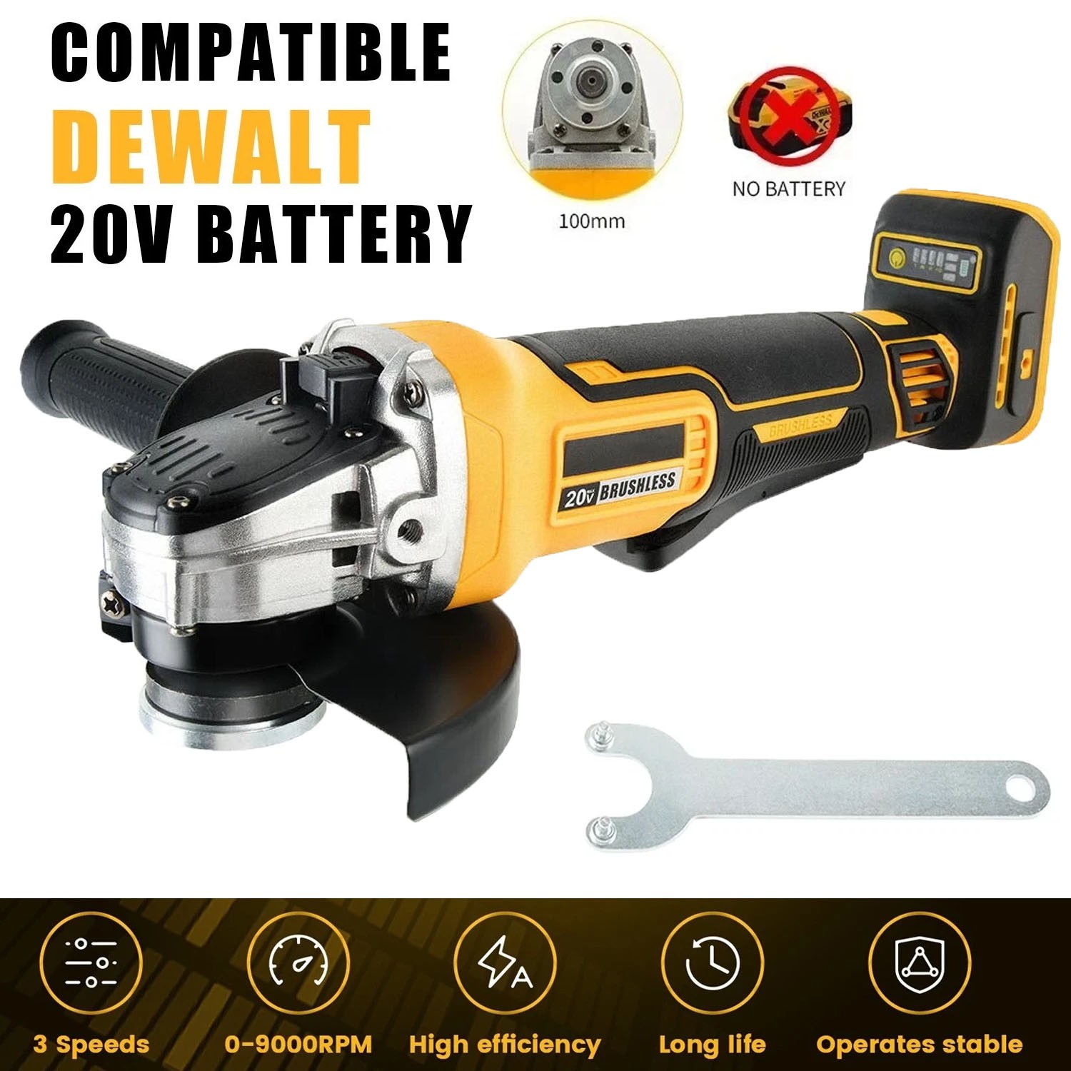 Cordless Brushless 4-1/5 Angle Grinder for Dewalt 20V Battery 9000 RPM Tool