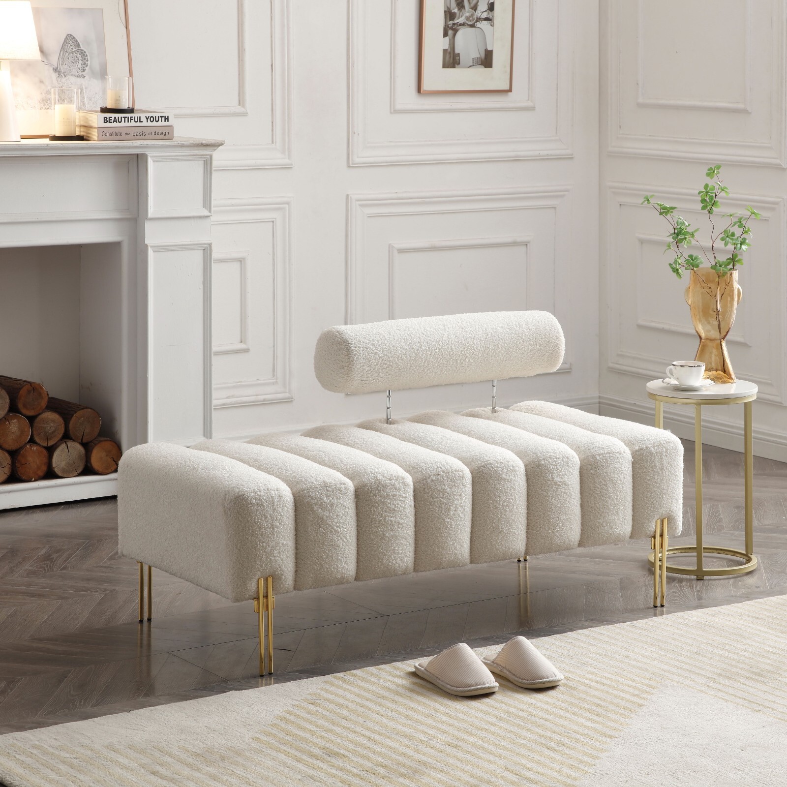 Modern Faux Fur Upholstered End of Bed Bench Ottoman Footrest with Metal Legs