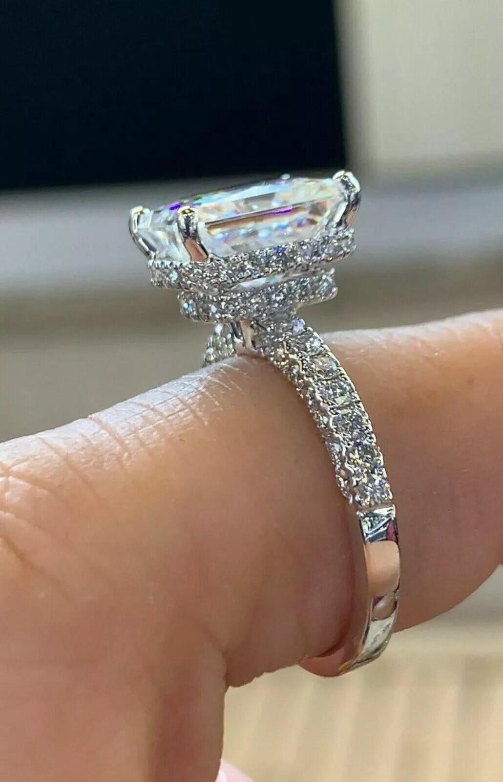 3Ct Radiant Cut lab created diamond Halo Engagement Ring 14K White Gold Over