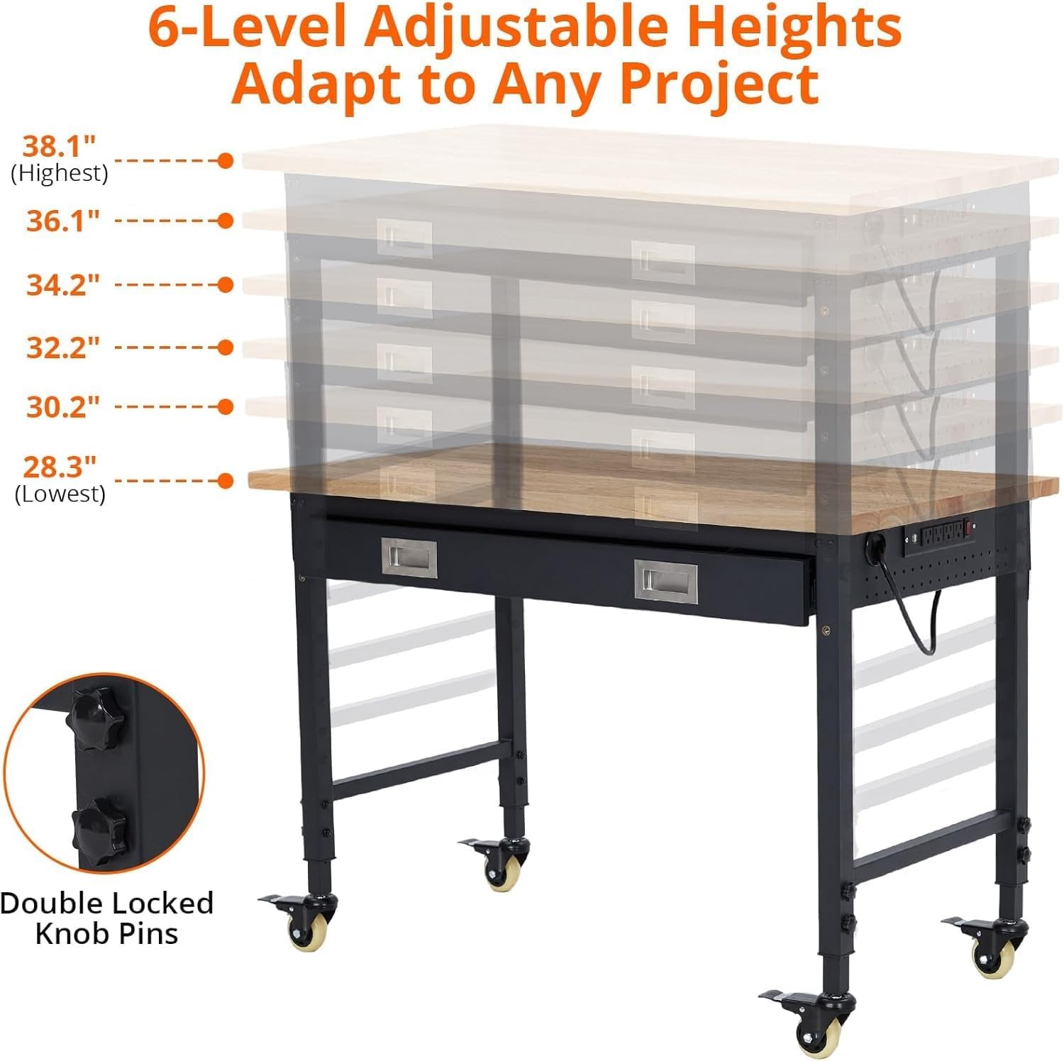 Multifunctional Adjustable Workbench 48"x24" w/ Pegboard Power Outlets & Wheels