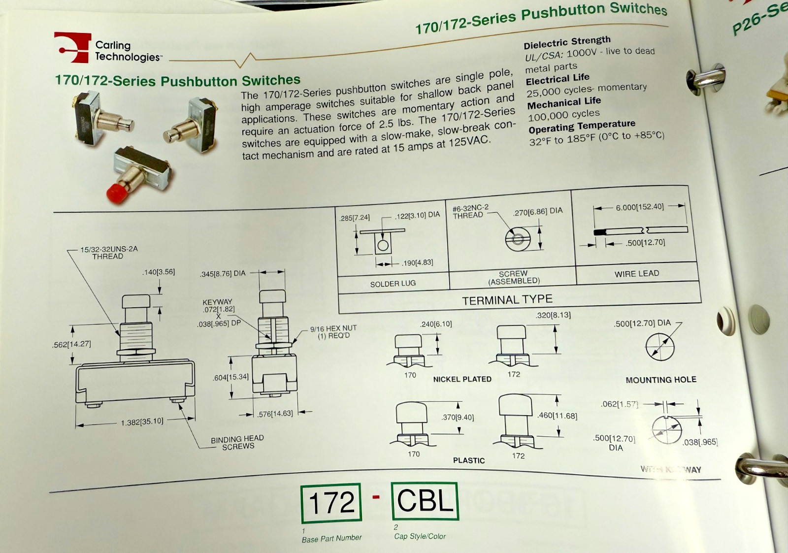Carling Technologies 172 Push Button Switch Single Pole Extended Momentary 15amp