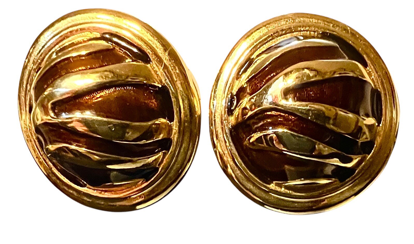 Vintage Gold tone Faux Amber & Brown Lion Print Pierced Earrings