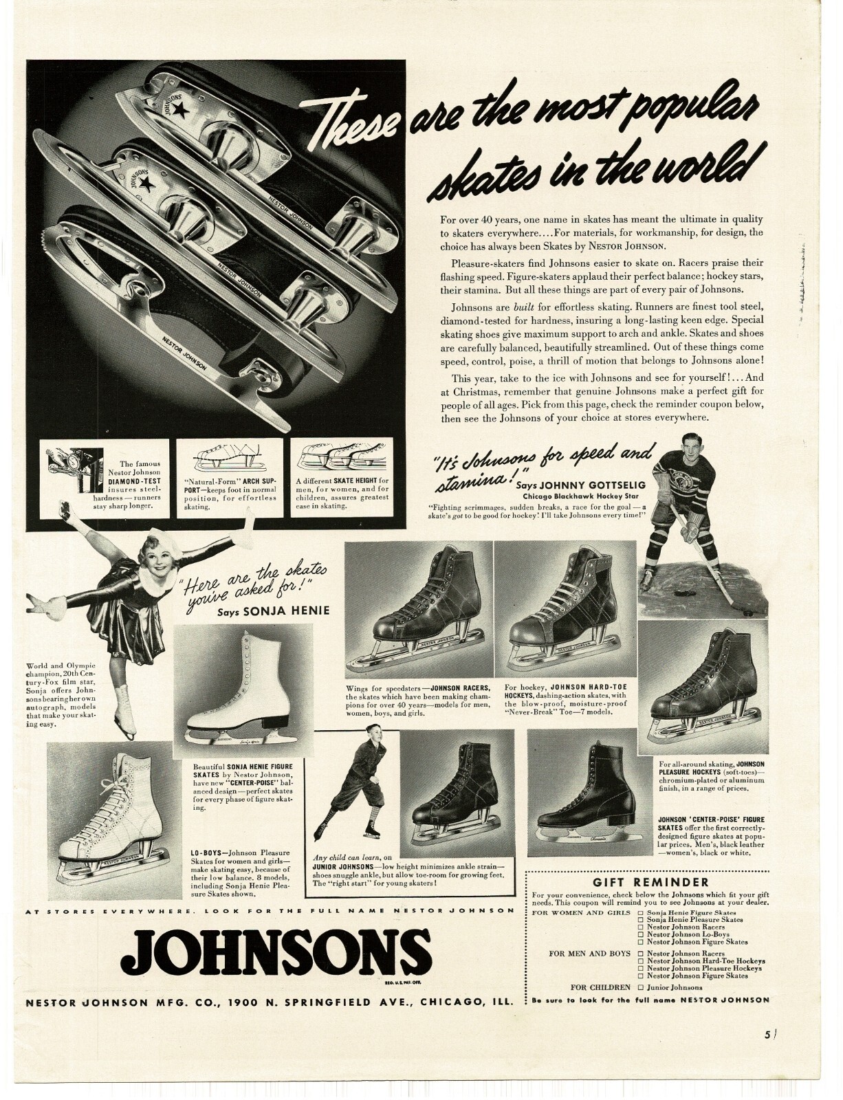1939 Johnsons Ice Skates for Men Women Sonja Henie Vintage Print Ad