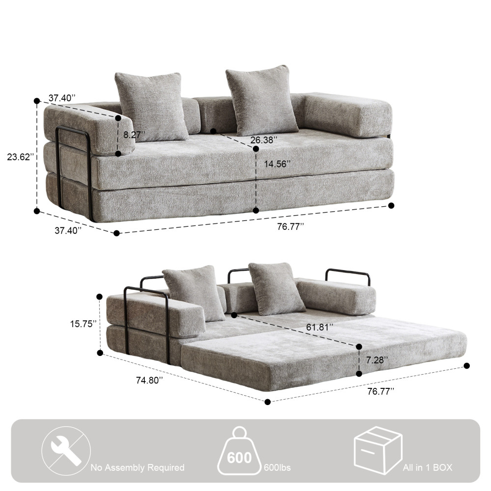 3 Seat Convertible Floor Sofa Bed with Memory Foam - Chenille Futon Couch
