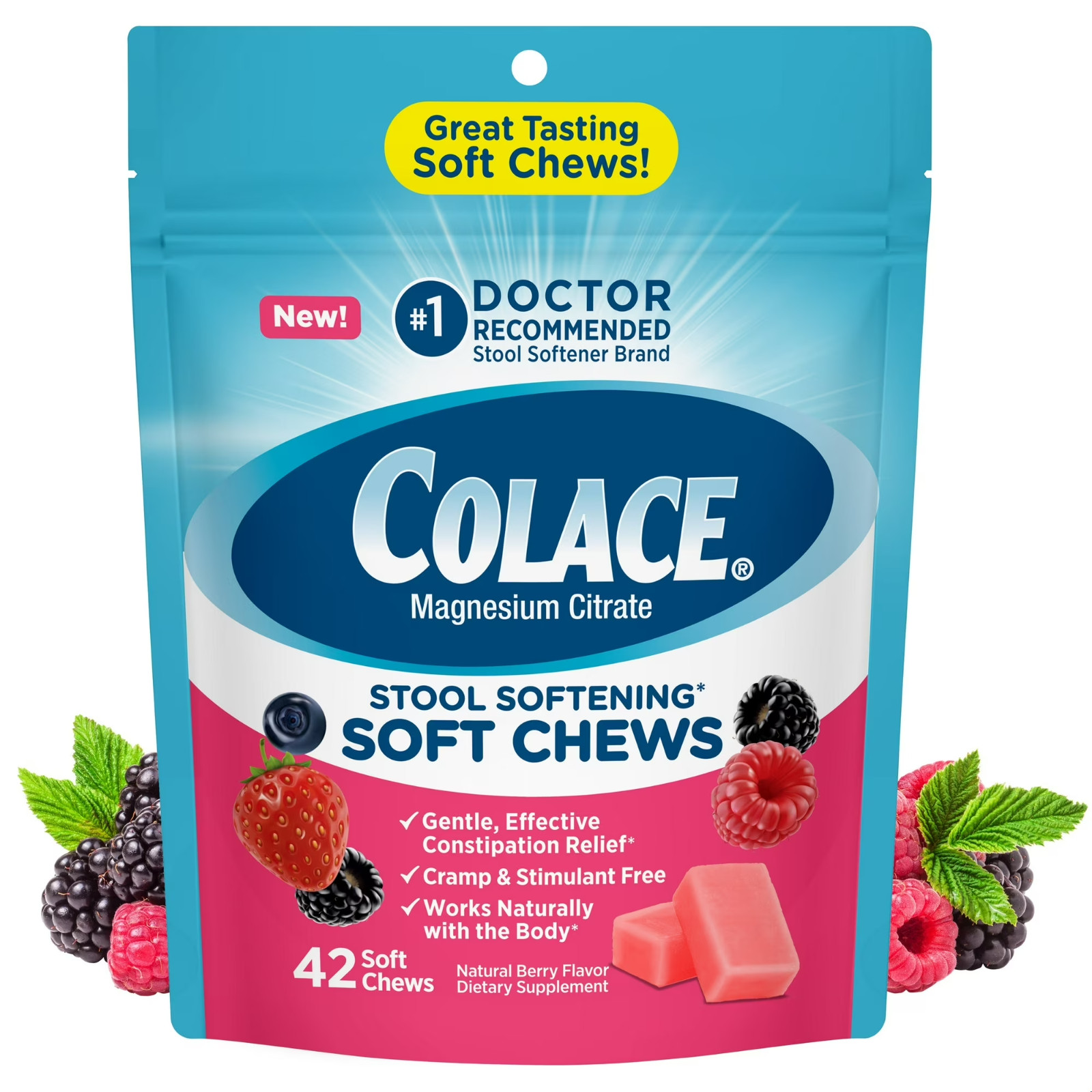 Colace Stool Softener Soft Chews Gentle Constipation Relief 42 Mixed Berry Chews