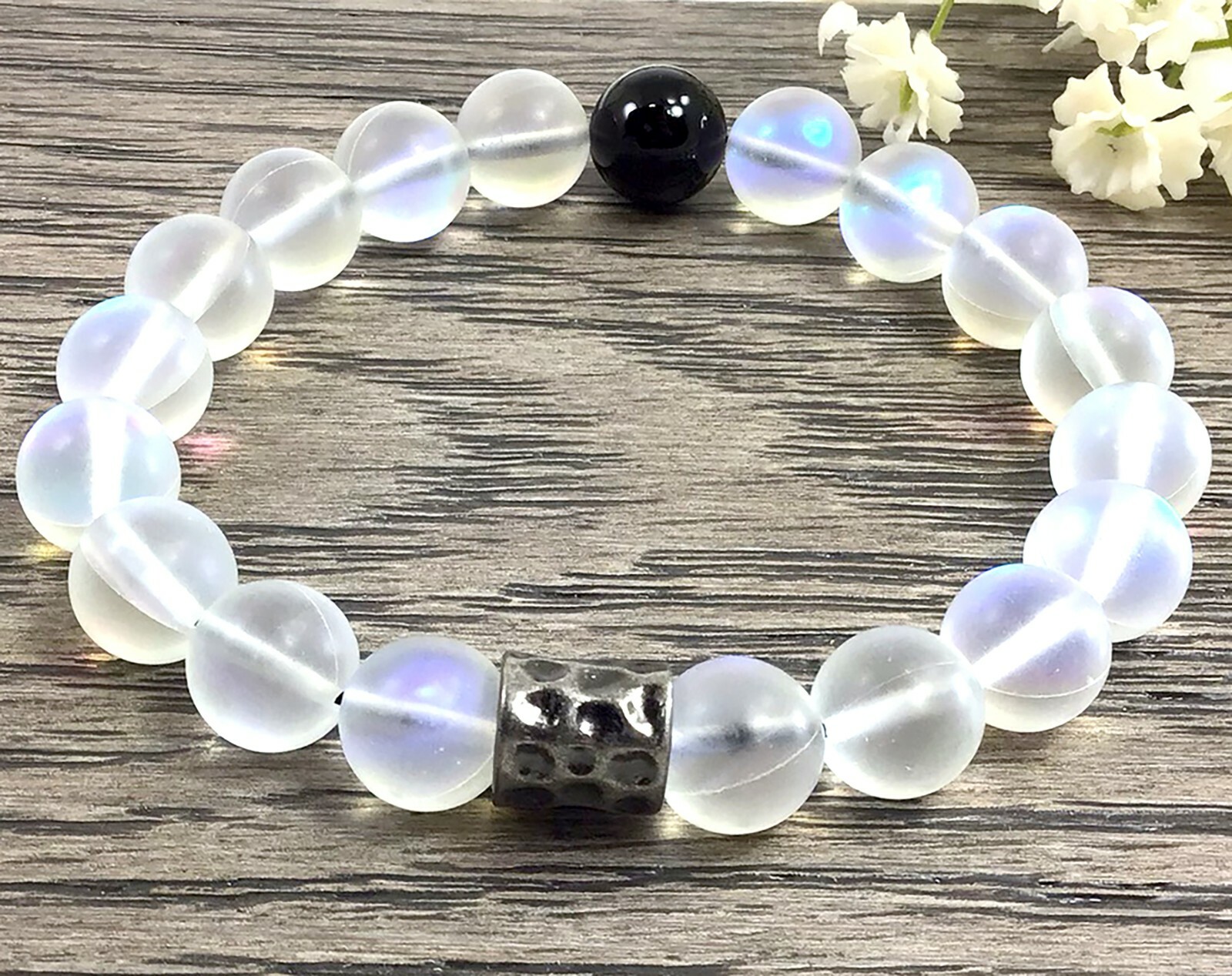 Clear crystal beaded bracelet with onyx bead pendant stretchy healing gemstone