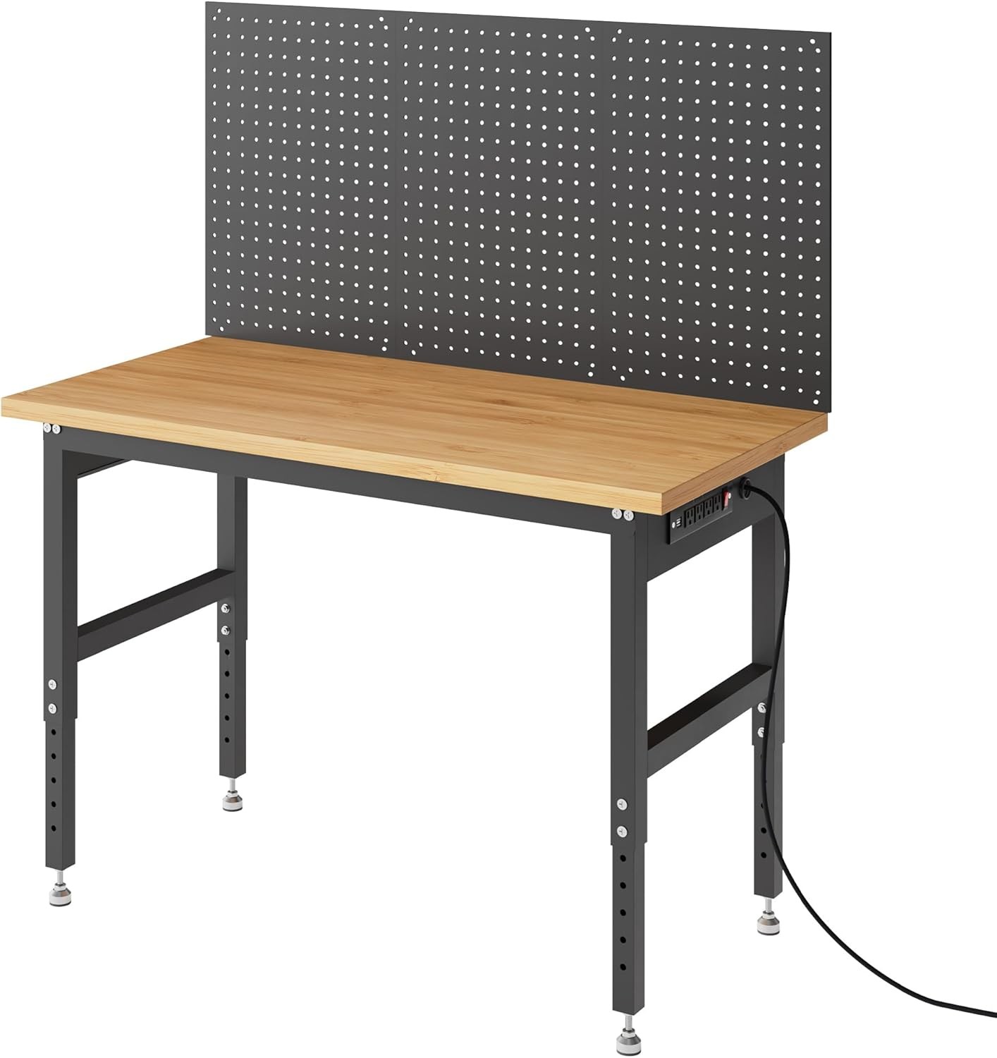 60 Inch Mobile Workbench with Power Outlets, Storage Shelves & Pegboard