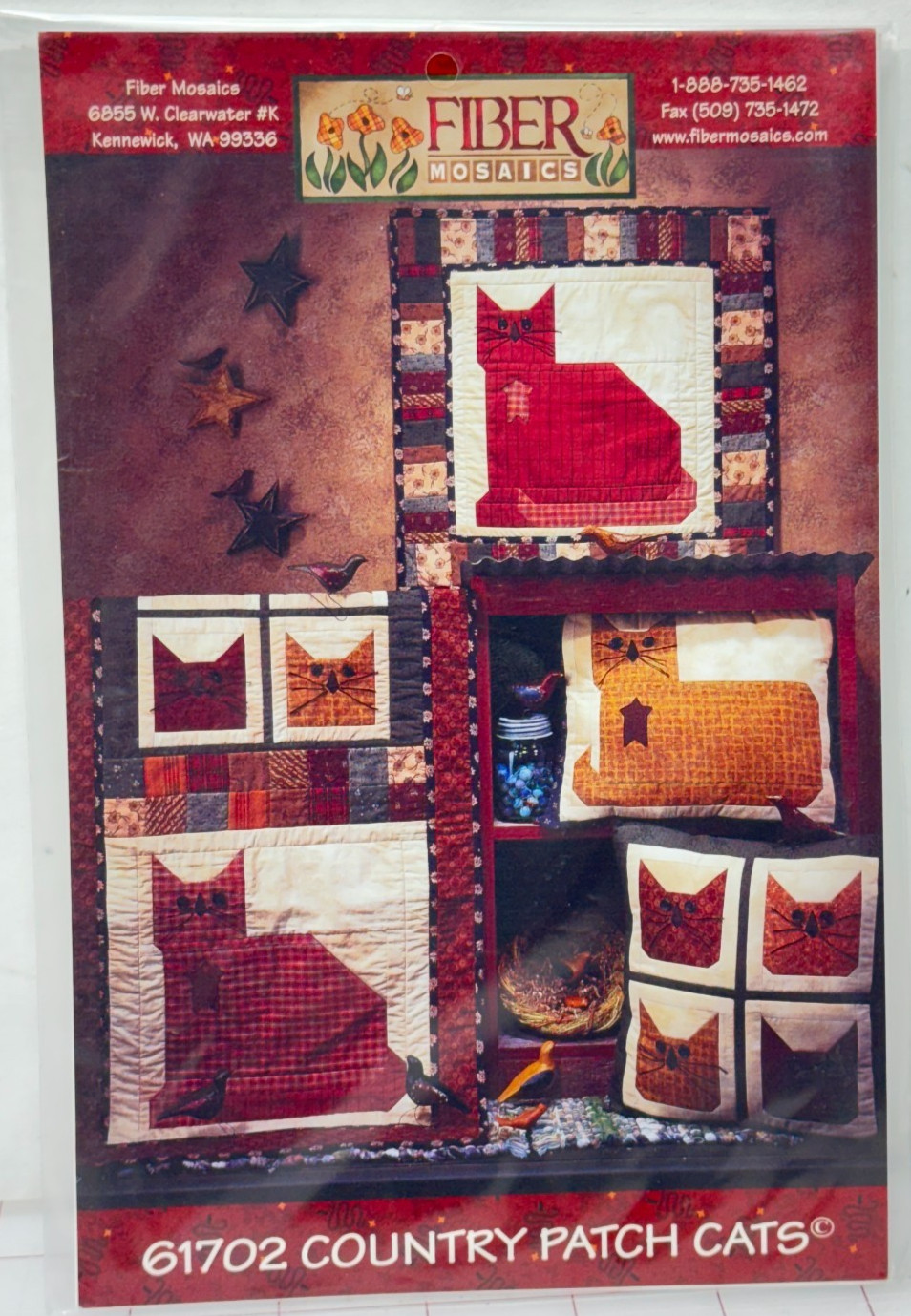 Fiber Mosaics Quilt Pattern Country Patch Cats 61702 Quilt, Table Runner, Pillow