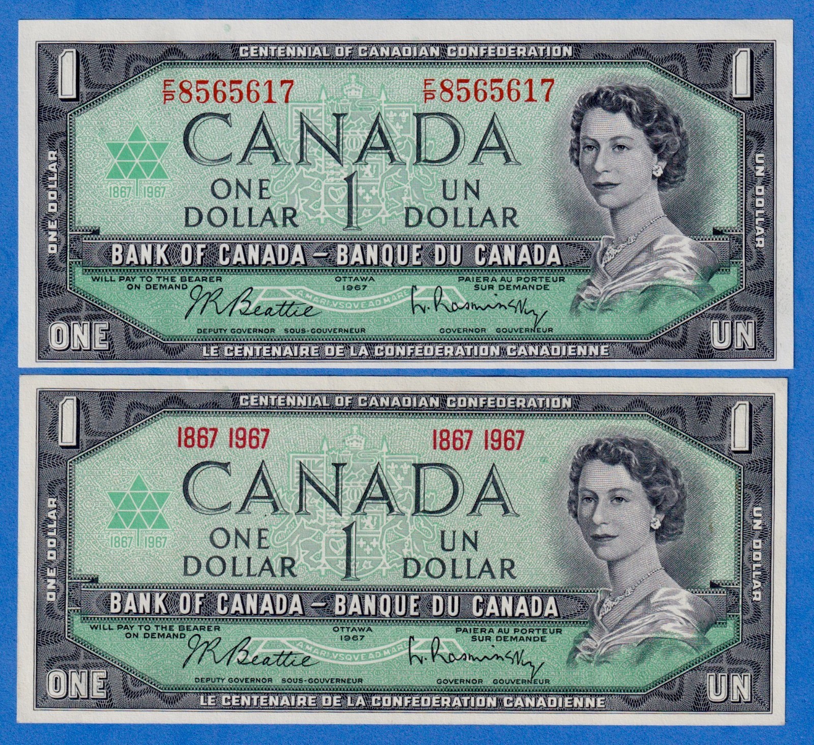 Canada $1 1967 set  P-84a & b / BC-45a & b-i  QE II aUNC/UNC Notes L67#23