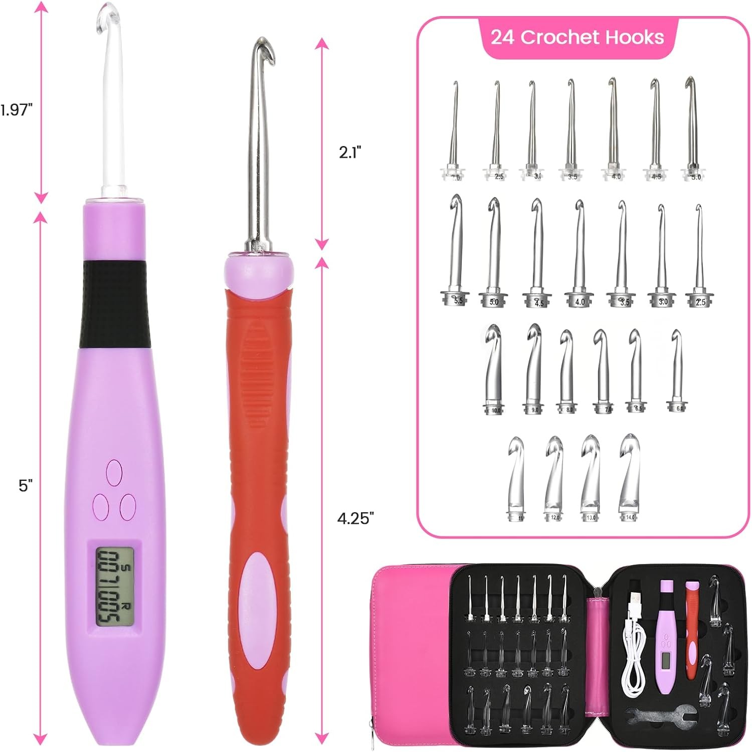 24 Size Counting Crochet Hooks with Light, Digital Counter Crochet Hooks Set