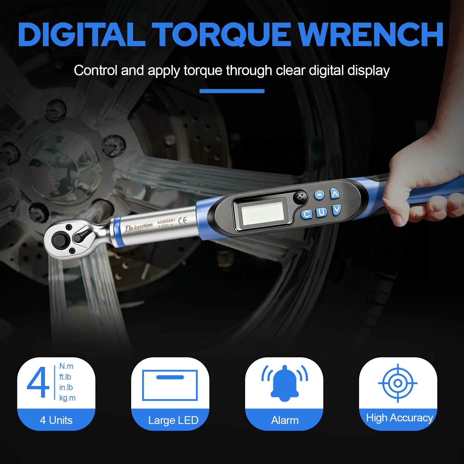 Dejunpool Digital Torque Wrench Adjustable Torque Wrench 3/8" Drive 2.2-44 ft.lb
