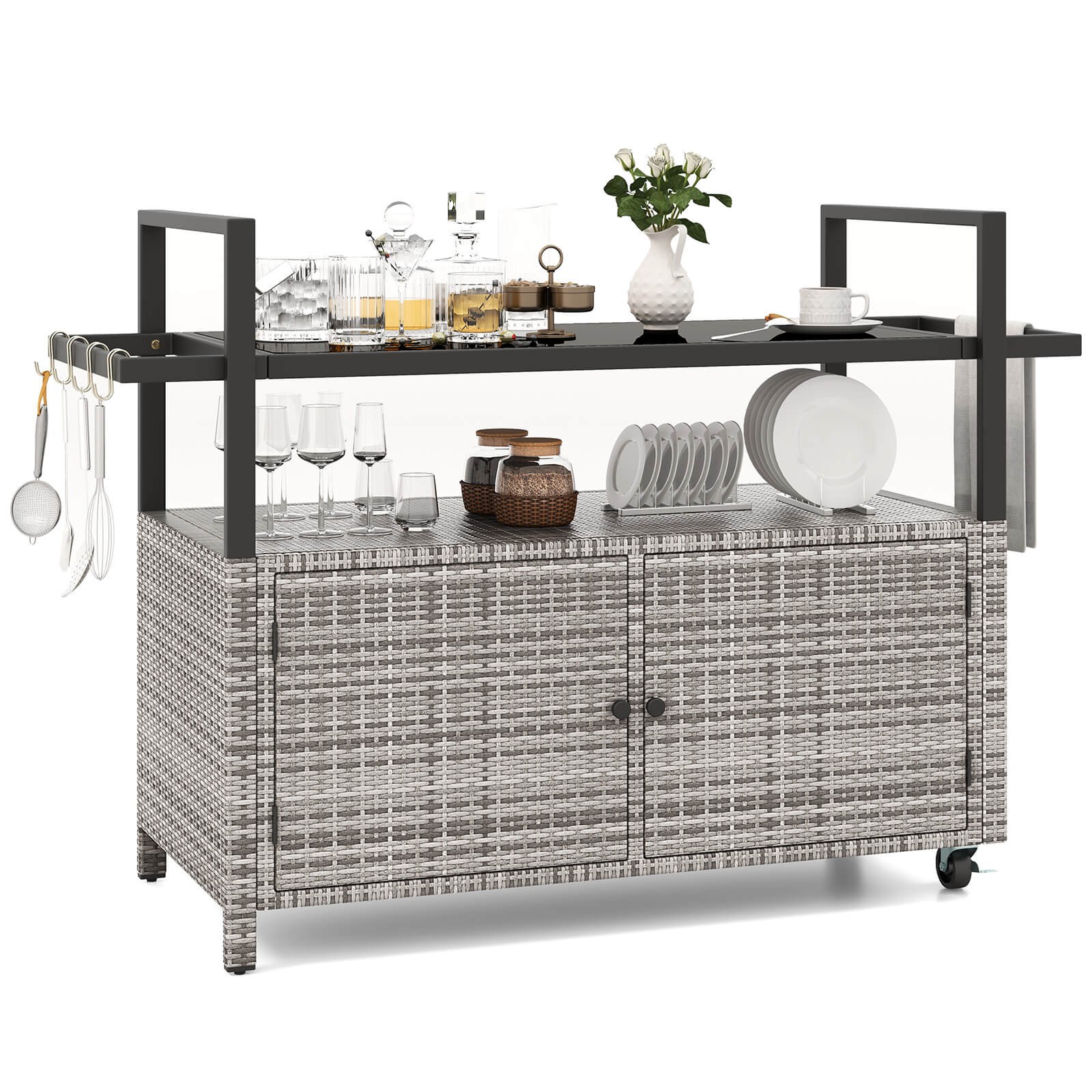 Outdoor Bar Cart with Tempered Glass Top Storage Cabinet & 8 Hooks for Porch