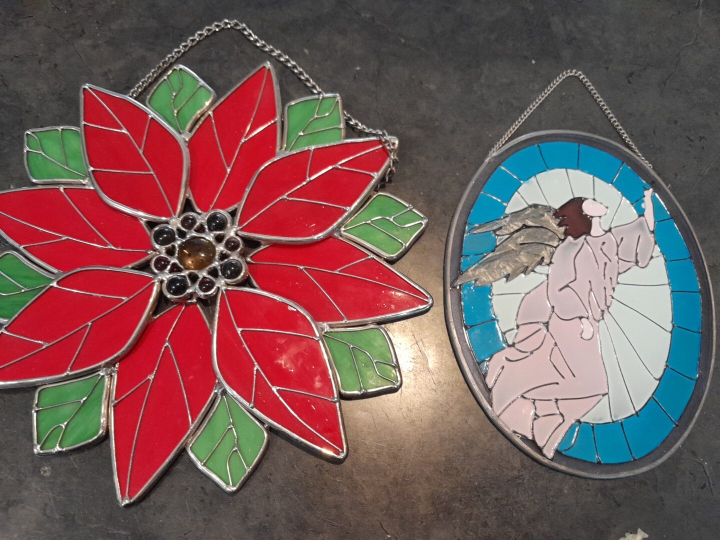 Christmas Poinsetta & Angel Stained Glass Window/wall Suncatcher Decor Unsigned