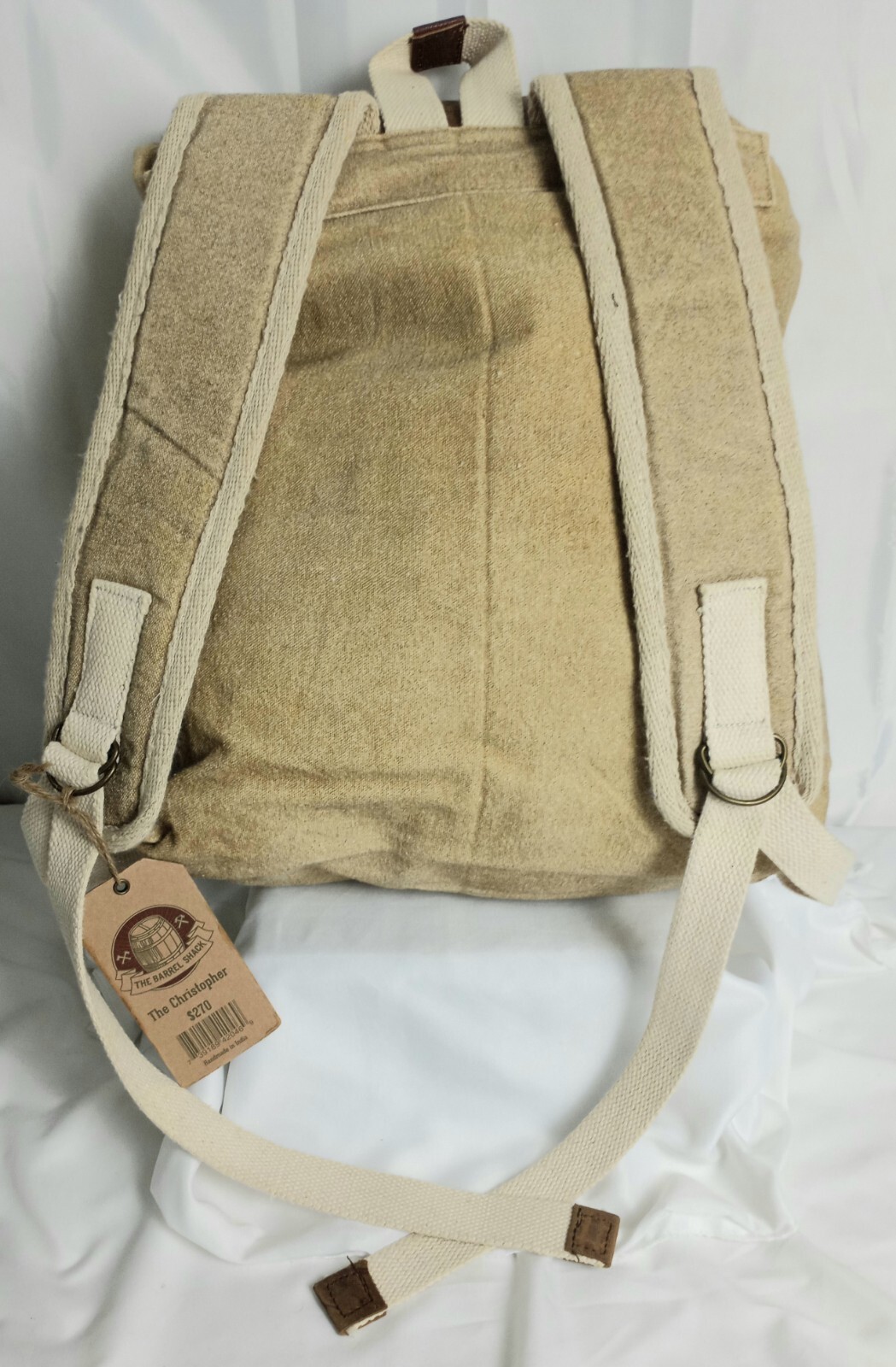 THE BARREL SHACK THE CHRISTOPHER O'SIZE BEIGE CANVAS & BROWNLEATHER BACKPACK NEW