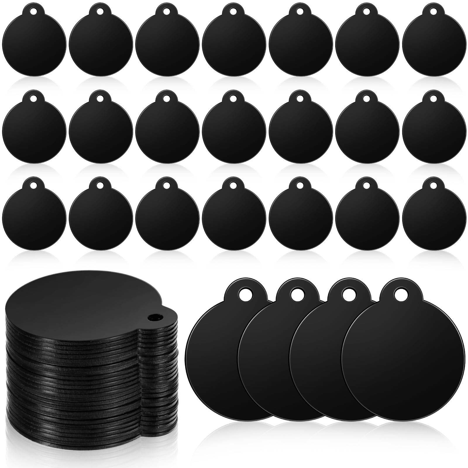 50 Pack Blank Dog Tags for Engraving Round Metal Stamping 1.18 Inch, Black
