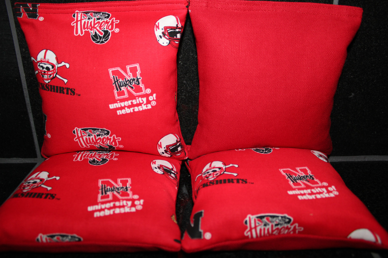 4 CORNHOLE BEANBAGS made w NEBRASKA CORNHUSKERS Fabric ACA Reg Bags, Top Quality