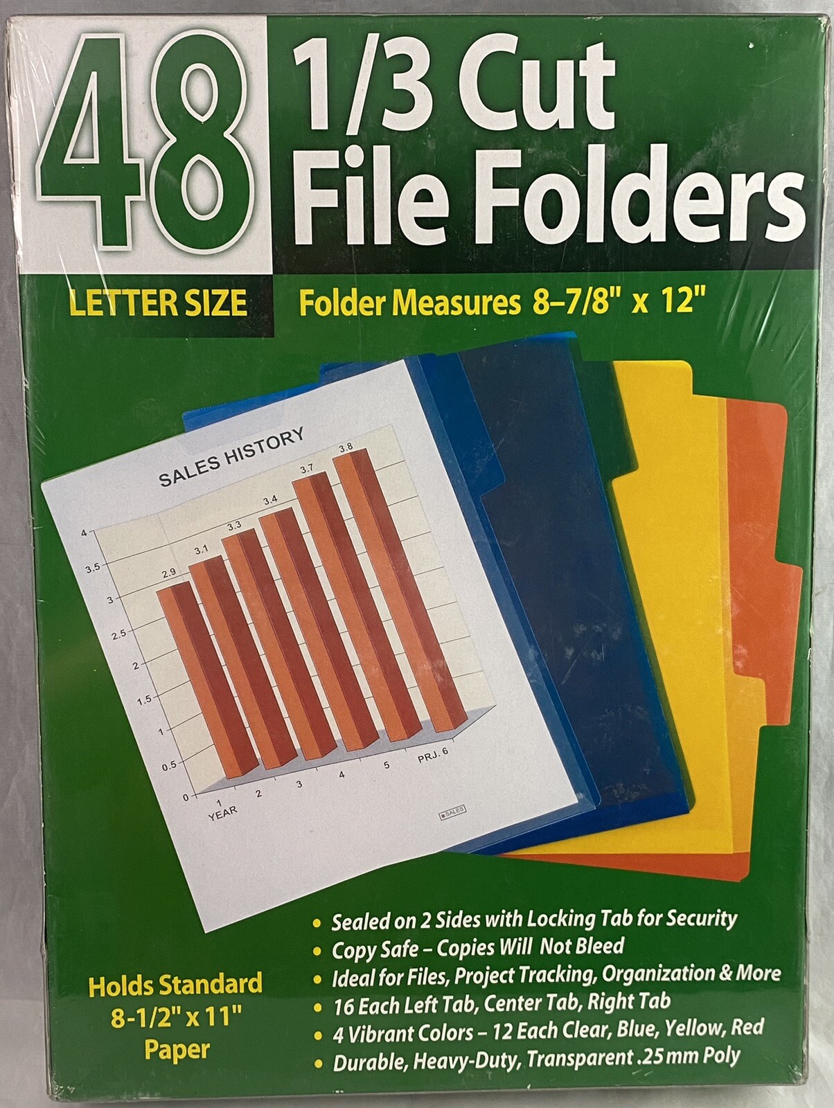 File Folders 1/3 Cut Tabs Transparent Letter Size 4 Assorted Colors 48 Count