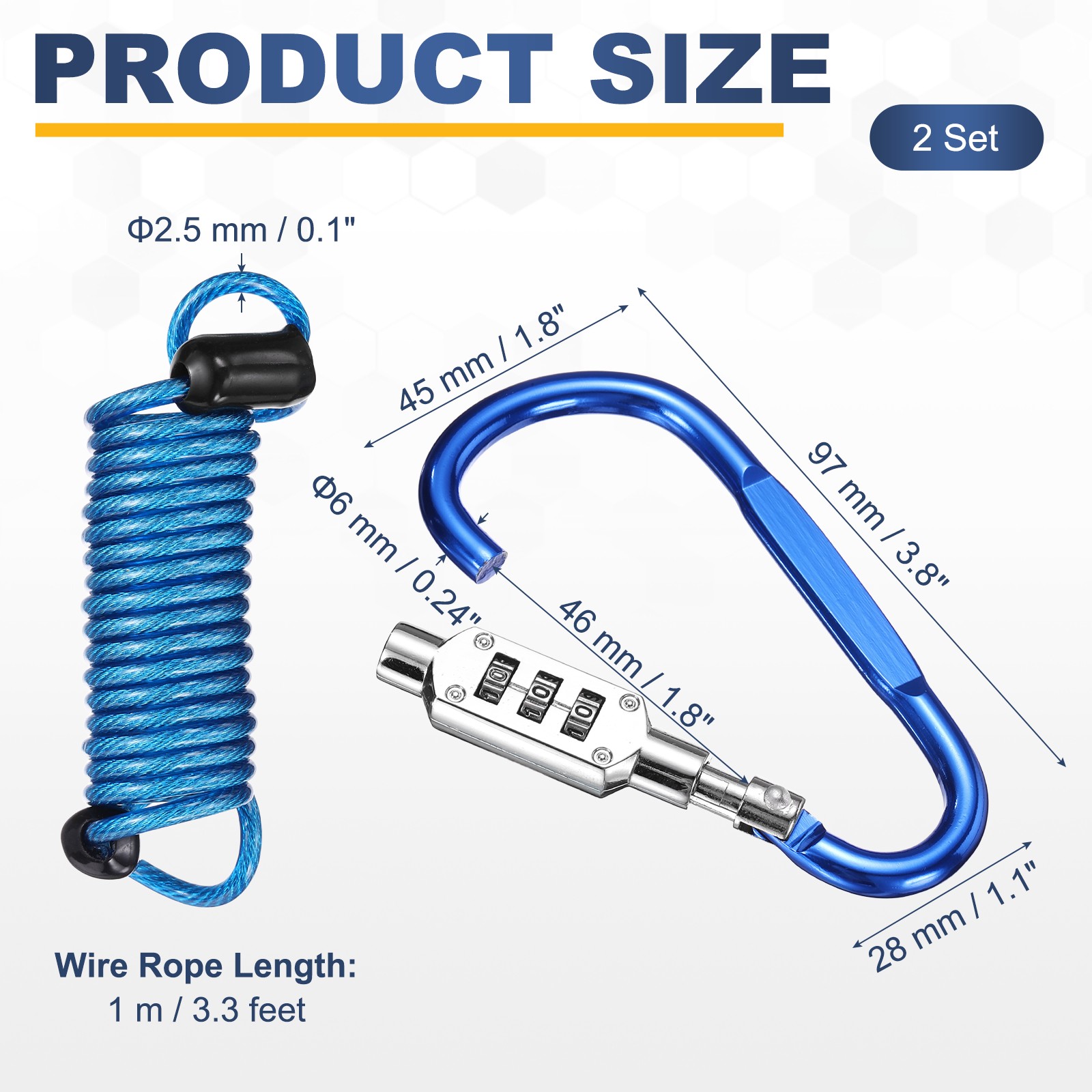 2 Set 3.3Ft Cable Lock Steel Safety Cable with 3.8" Combination Lock Blue