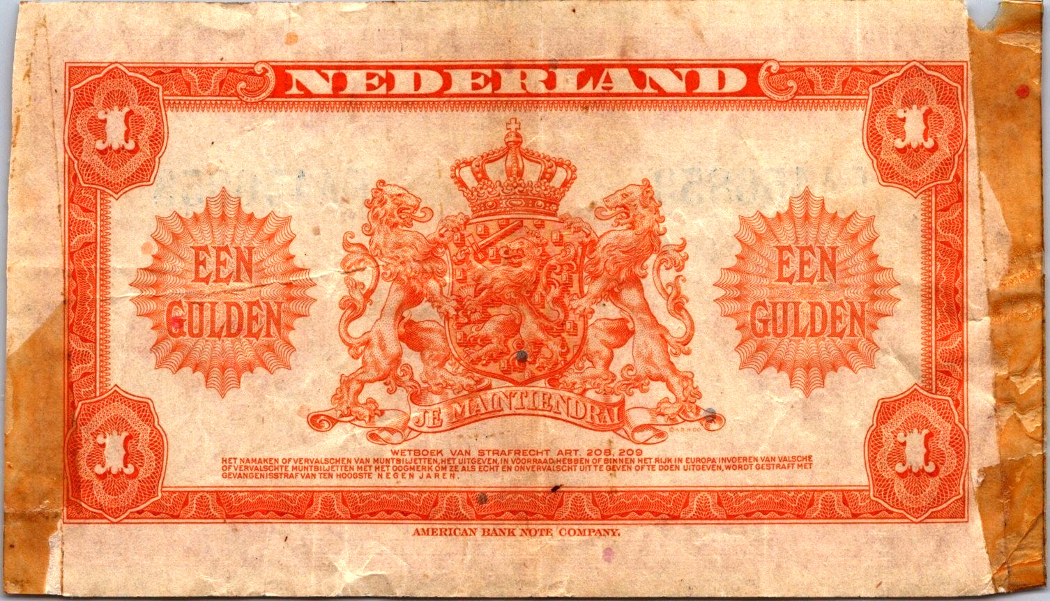 Netherlands 1 Gulden 1943 Pick# 64a (Short Snorter Note)