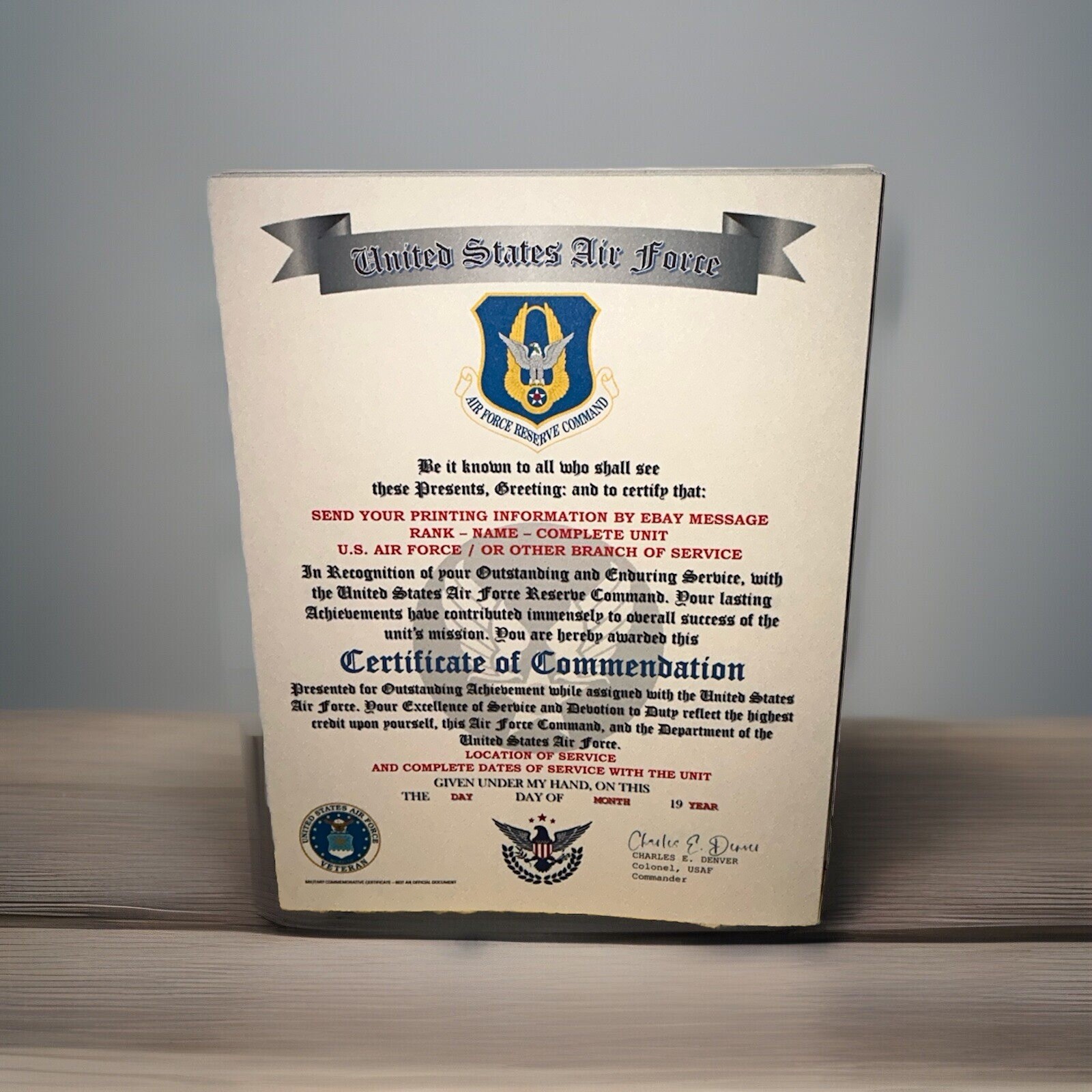 U.S.A.F. / U.S. AIR FORCE RESERVE COMMAND - CERTIFICATE OF COMMENDATION