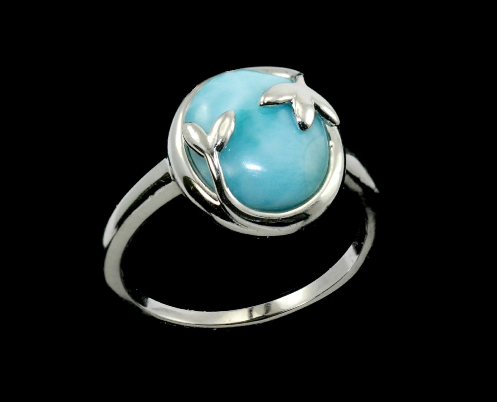 Natural Larimar 10X12mm Oval Olive Leaf Ring .925 Sterling Silver. Sizes 6-7-8