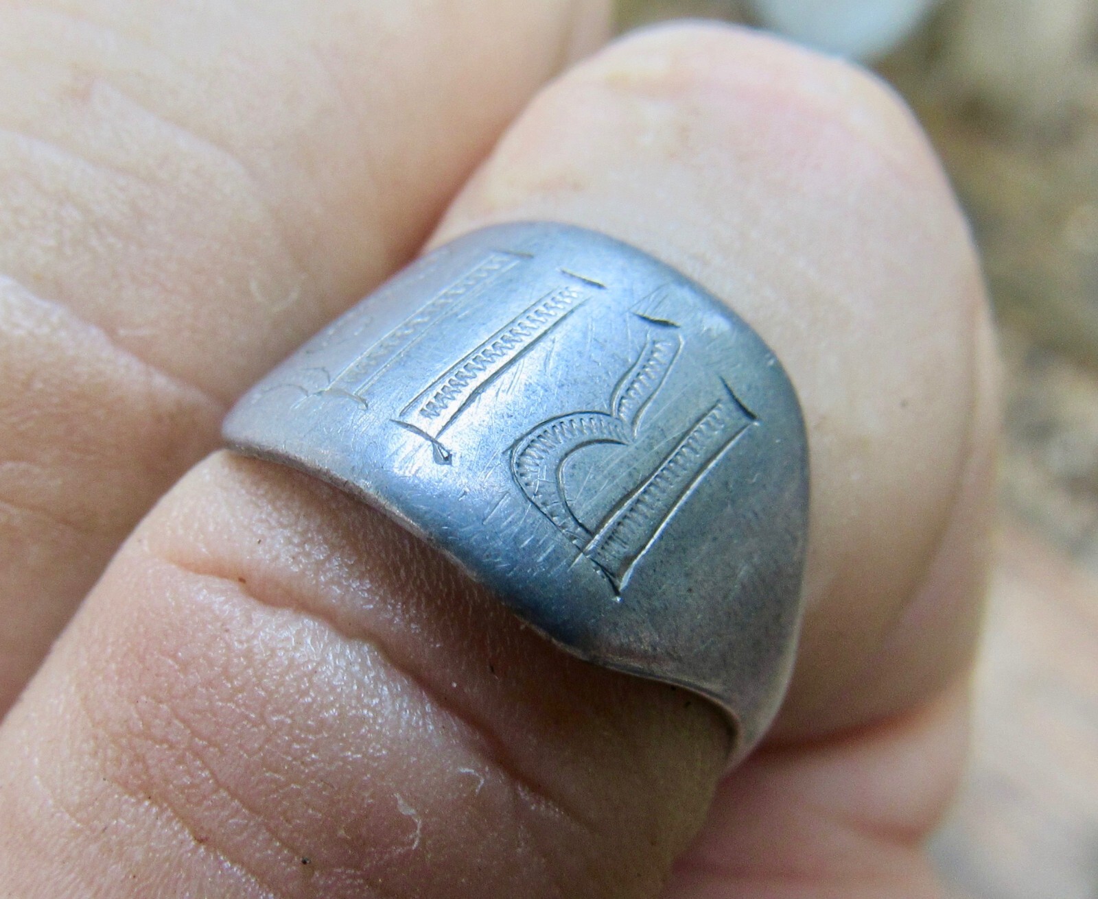 Vtg 1920s Youth RING Pewter SIZE 6 1/2 Engraved ART DECO Monogram RARE VG+