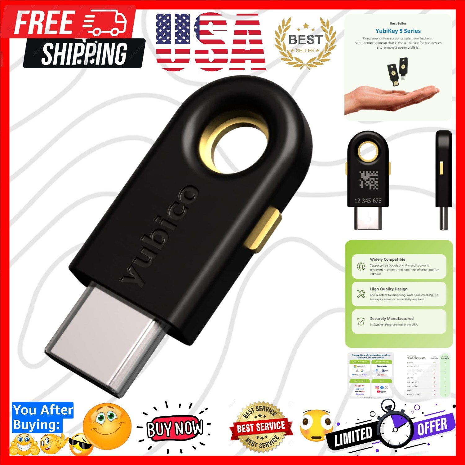 YubiKey 5C - Multi-Factor authentication MFA Security Key and passkey, Connec...