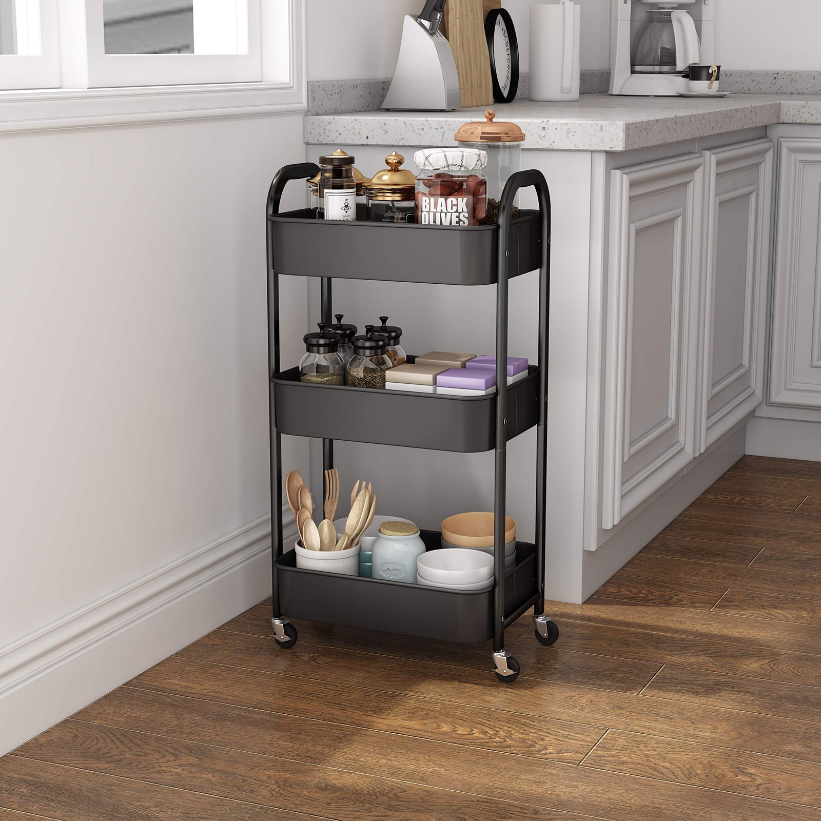 3-Tier Rolling Utility Cart with Caster Wheels,Easy Assembly, for Kitchen, Ba...
