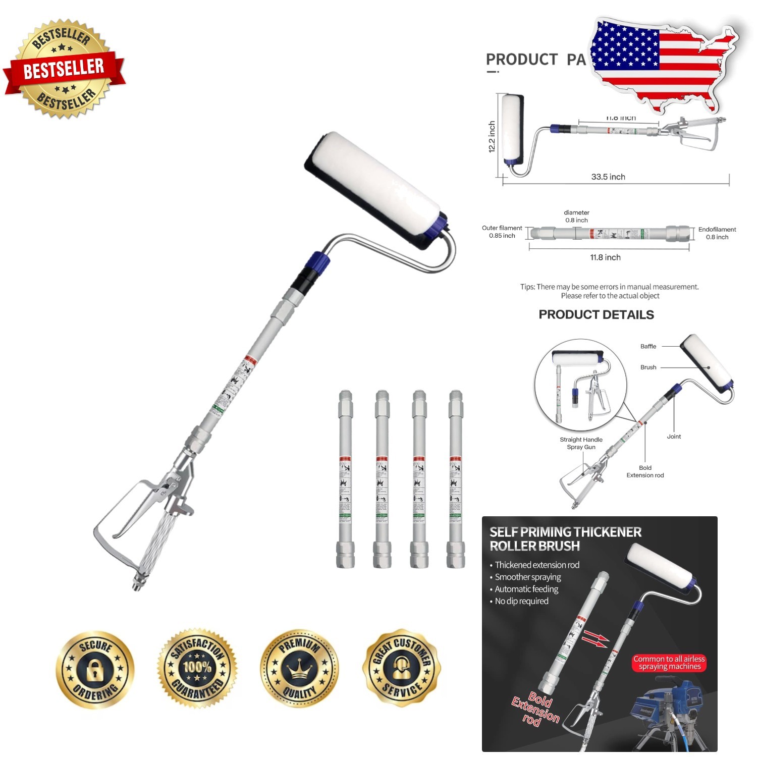 Airless Paint Roller Kit | Auto Feed Self-Priming Extension Pole | Efficient ...